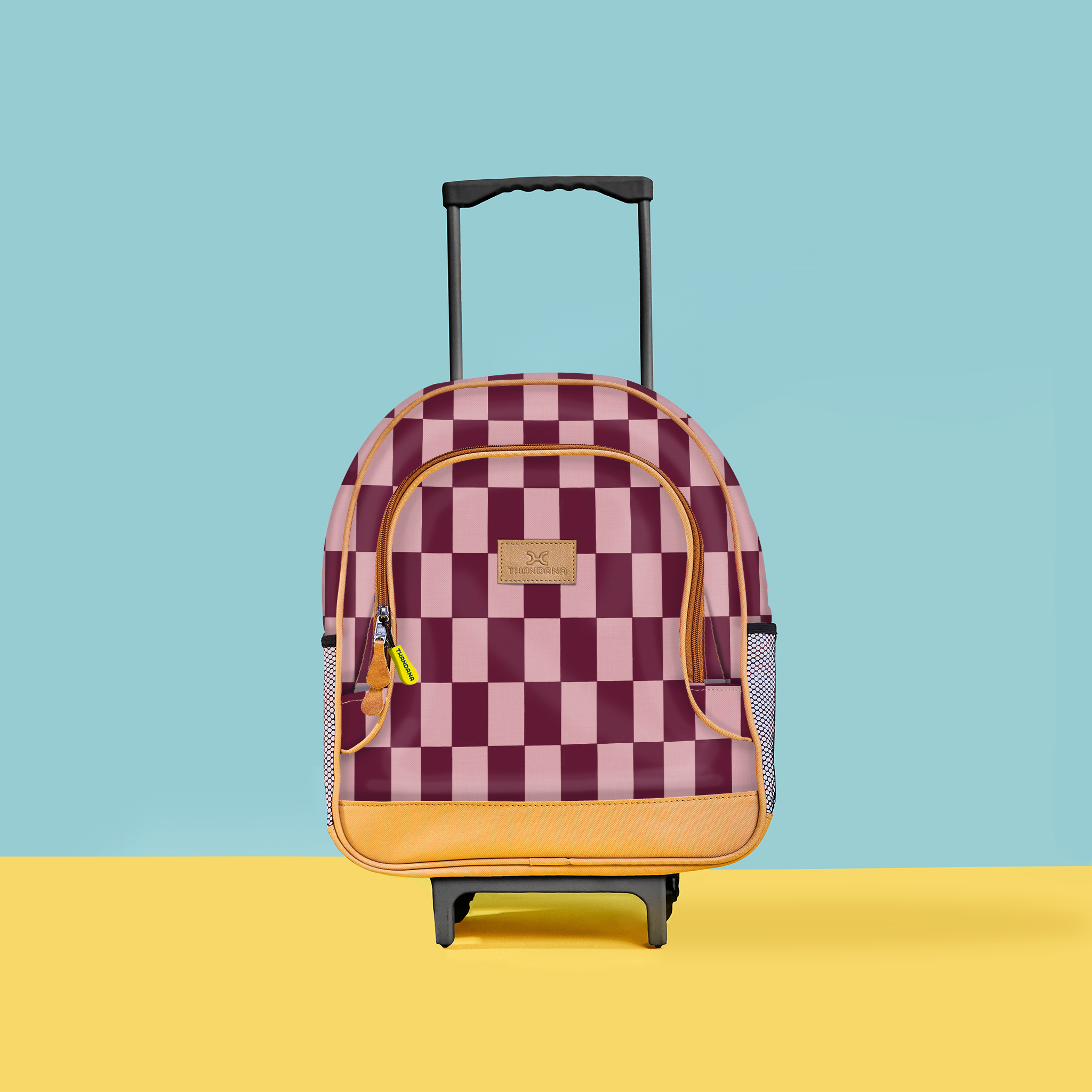 Kids Wheelie Backpack | Laminated Fabric | Black Handle Checkmate - Cherry Kids Backpack by Thandana