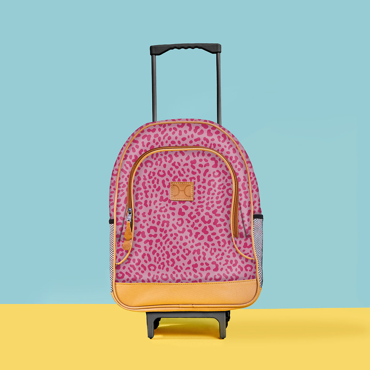Kids Wheelie Backpack | Laminated Fabric | Black Handle Cheetah - Pink Kids Backpack by Thandana