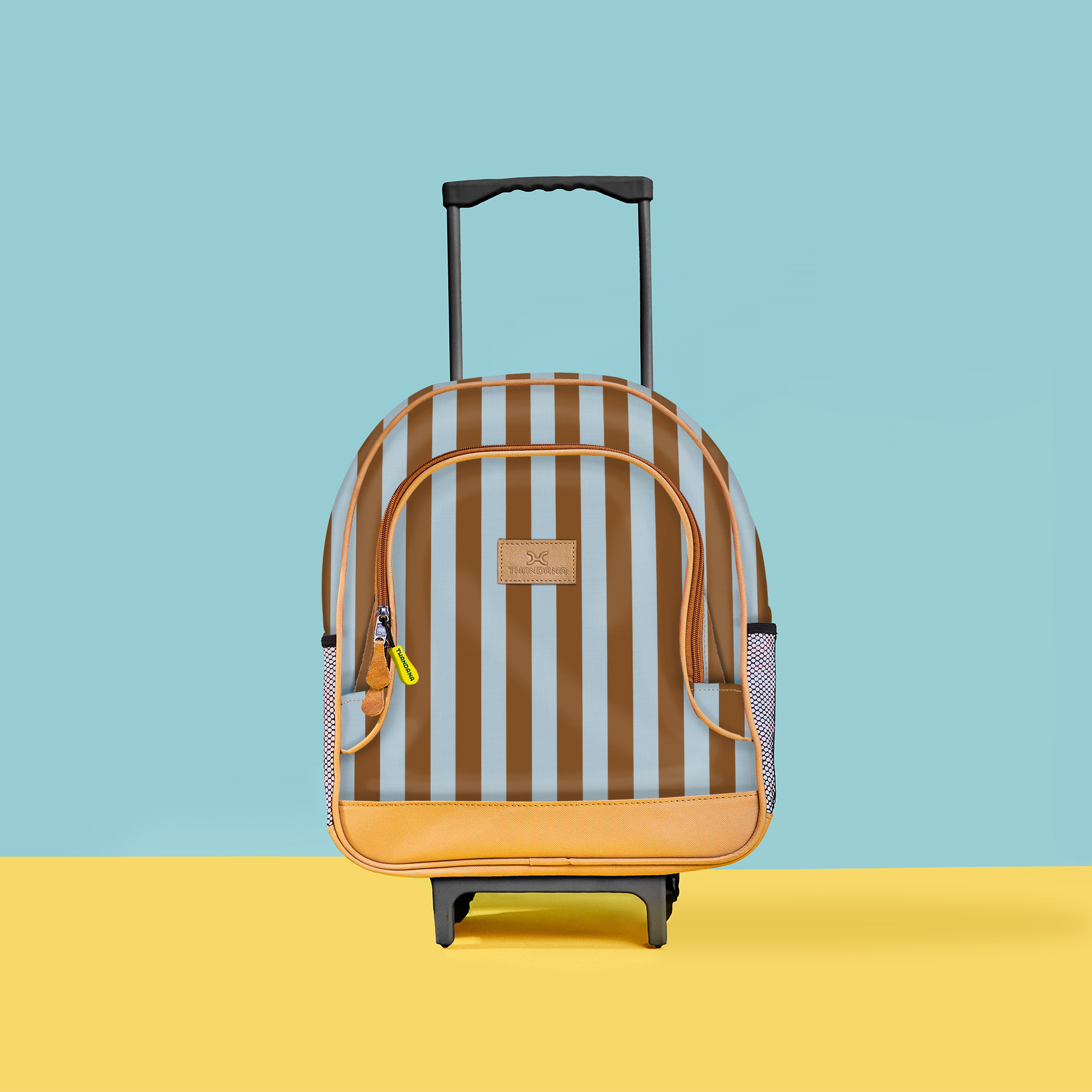 Kids Wheelie Backpack | Laminated Fabric | Black Handle Coastal Stripe - Blue Kids Backpack by Thandana