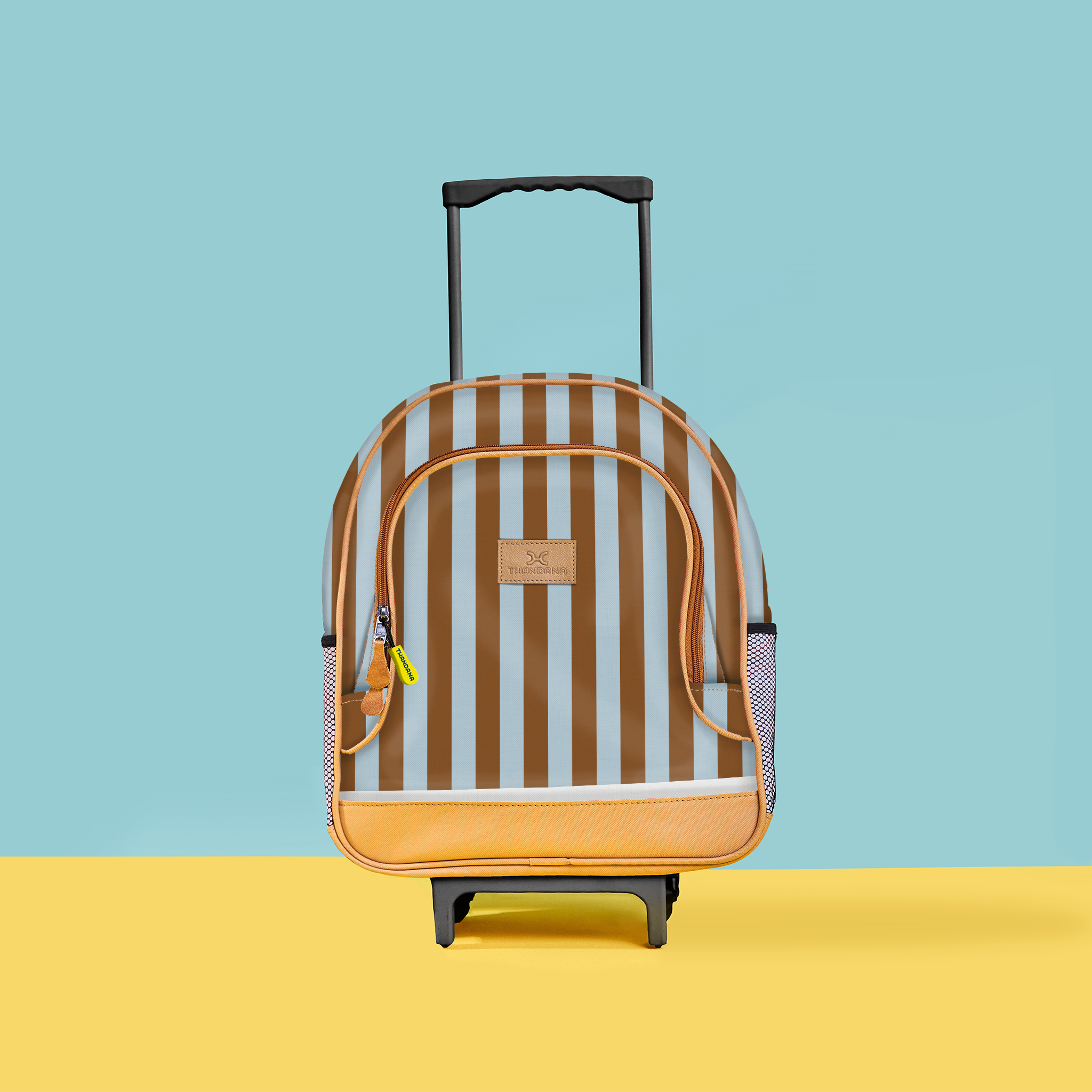 Kids Wheelie Backpack | Laminated Fabric | Black Handle Coastal Stripe - Blue Kids Backpack by Thandana