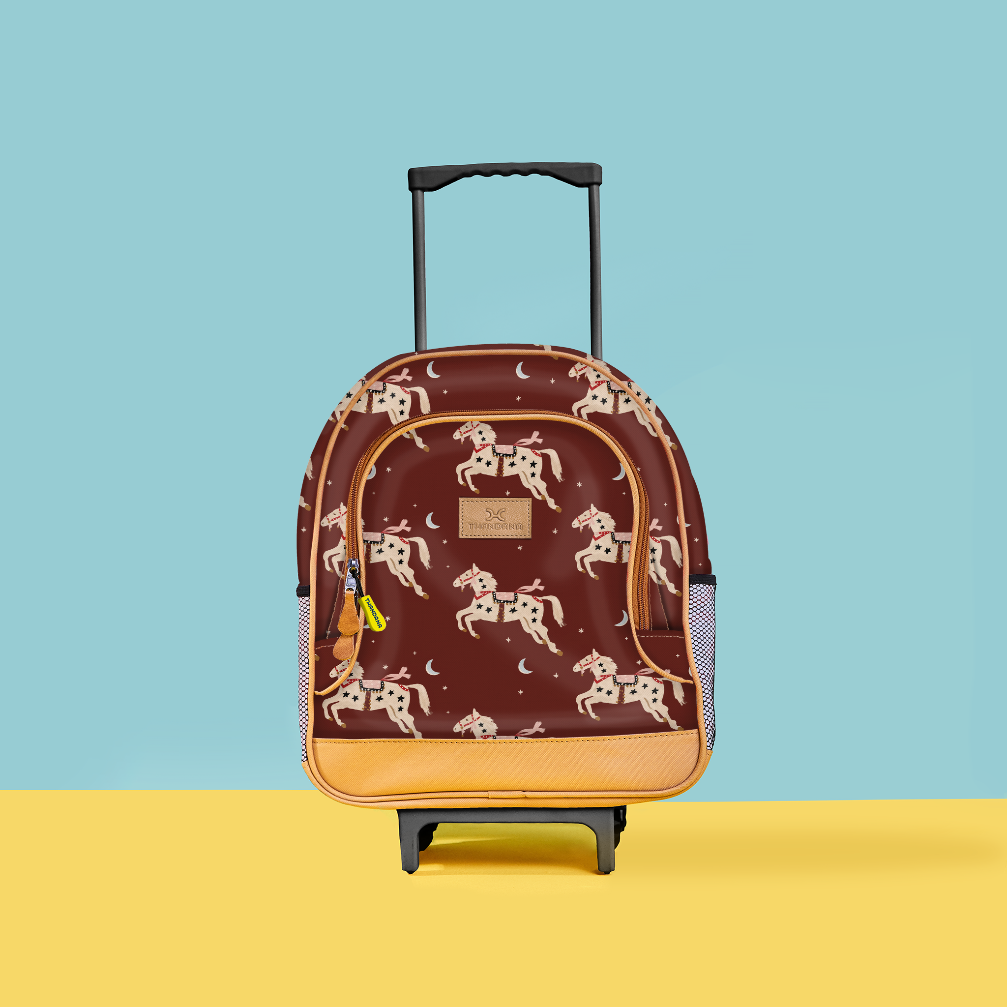 Kids Wheelie Backpack | Laminated Fabric | Blue Handle Midnight Pony - Cherry Kids Backpack by Thandana