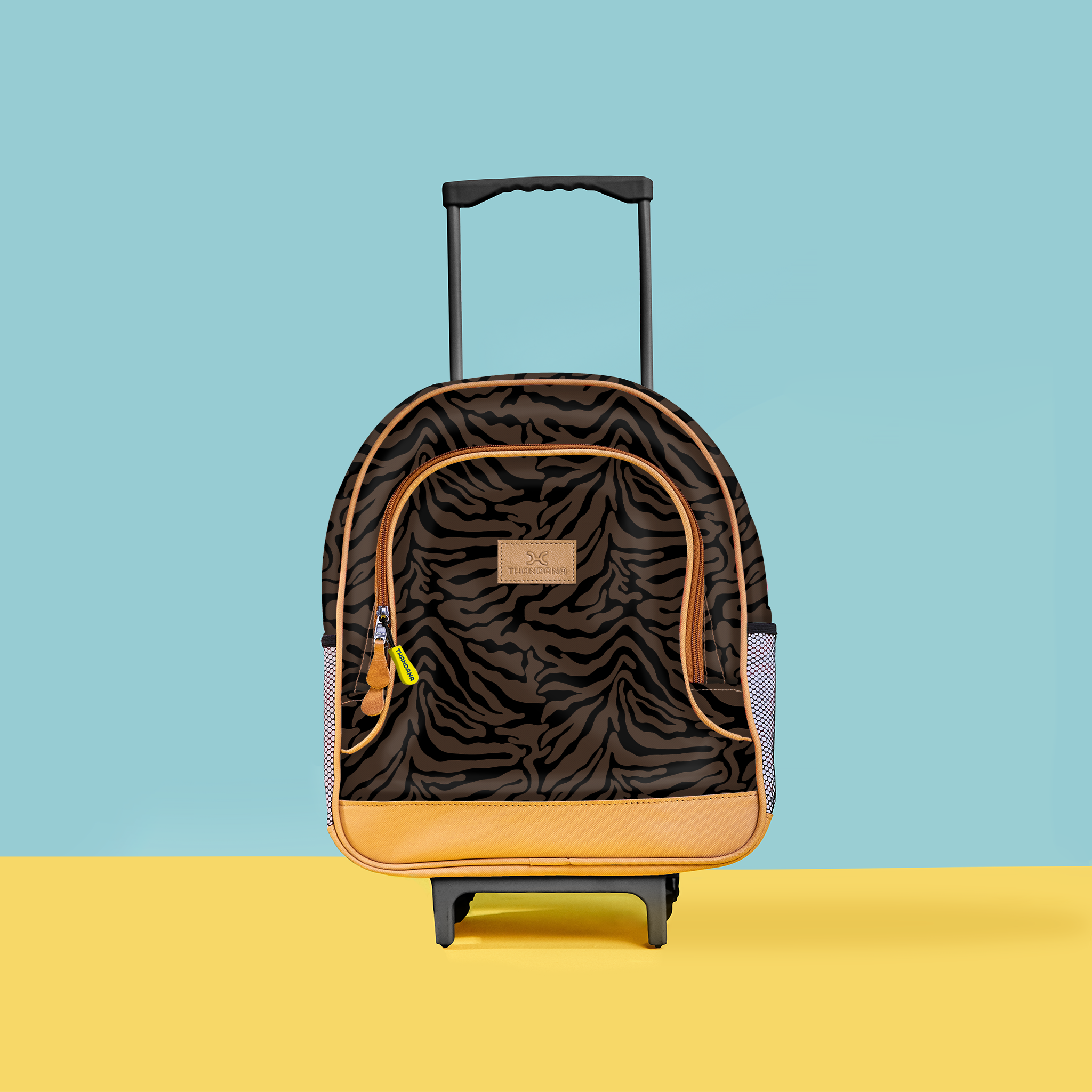 Kids Wheelie Backpack | Laminated Fabric | Blue Handle Nomad Stripe - Coffee Kids Backpack by Thandana