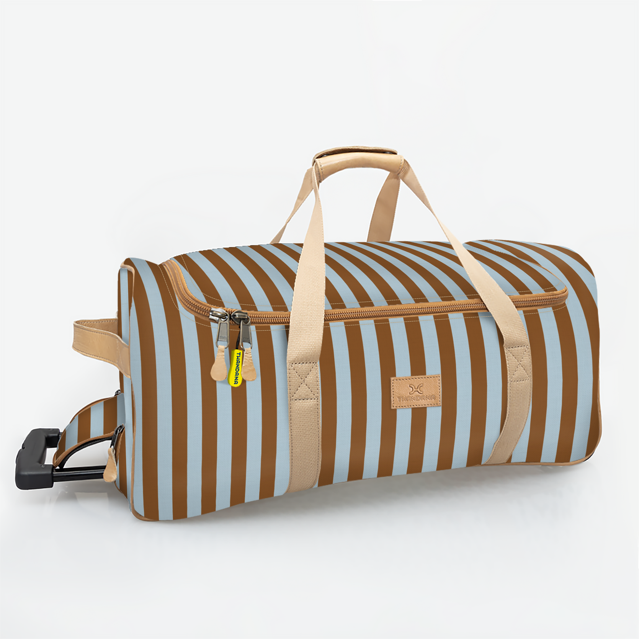 Kids Wheelie Travel Bag | Laminated Fabric with Genuine Leather Coastal Stripe - Blue Large Weekender Luggage Bag