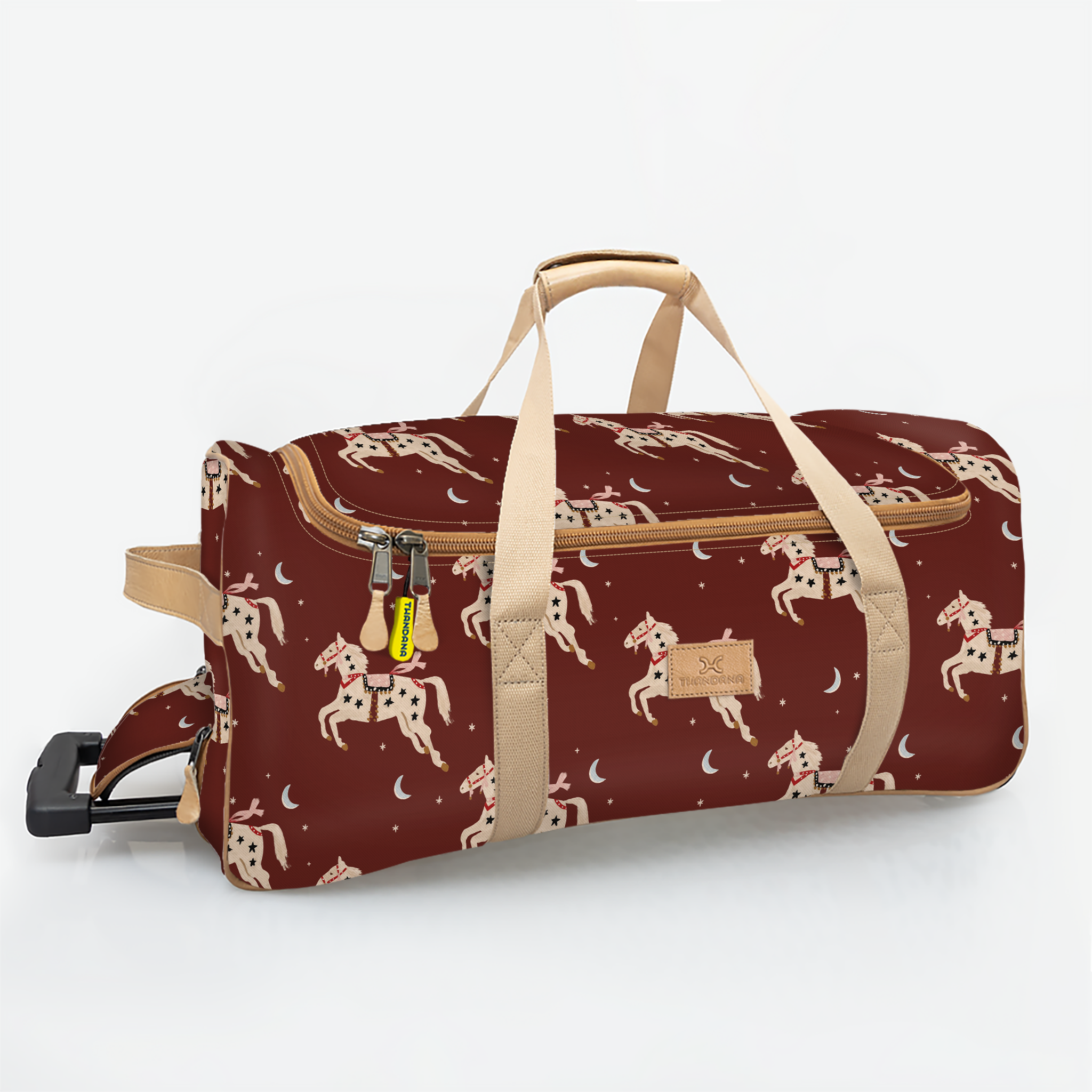 Kids Wheelie Travel Bag | Laminated Fabric with Genuine Leather Midnight Pony - Cherry Large Weekender Luggage Bag