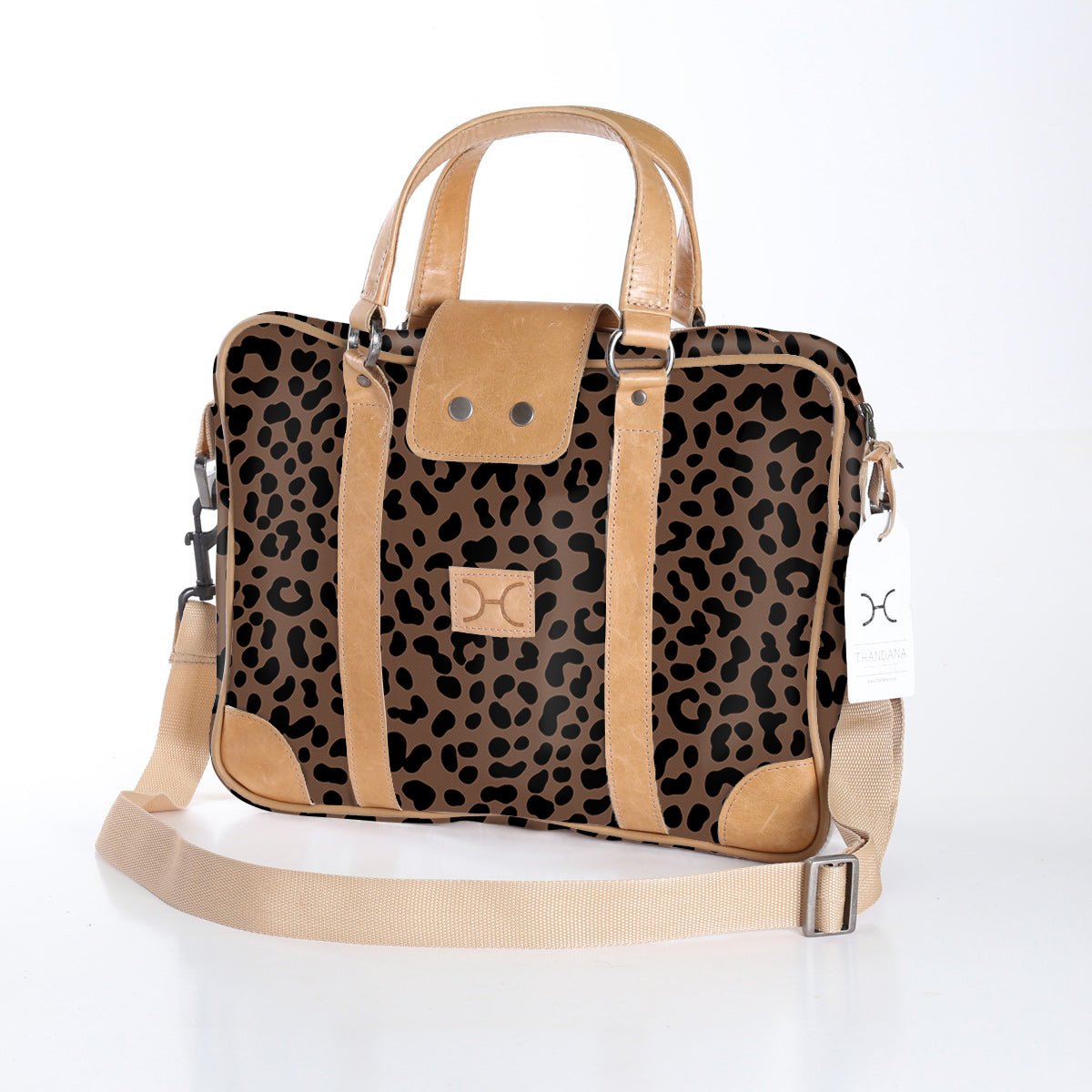Laptop Bag 15’ | Laminated Fabric Cheetah - Coffee / Chunky Zip Laptop Fabric Bag by Thandana