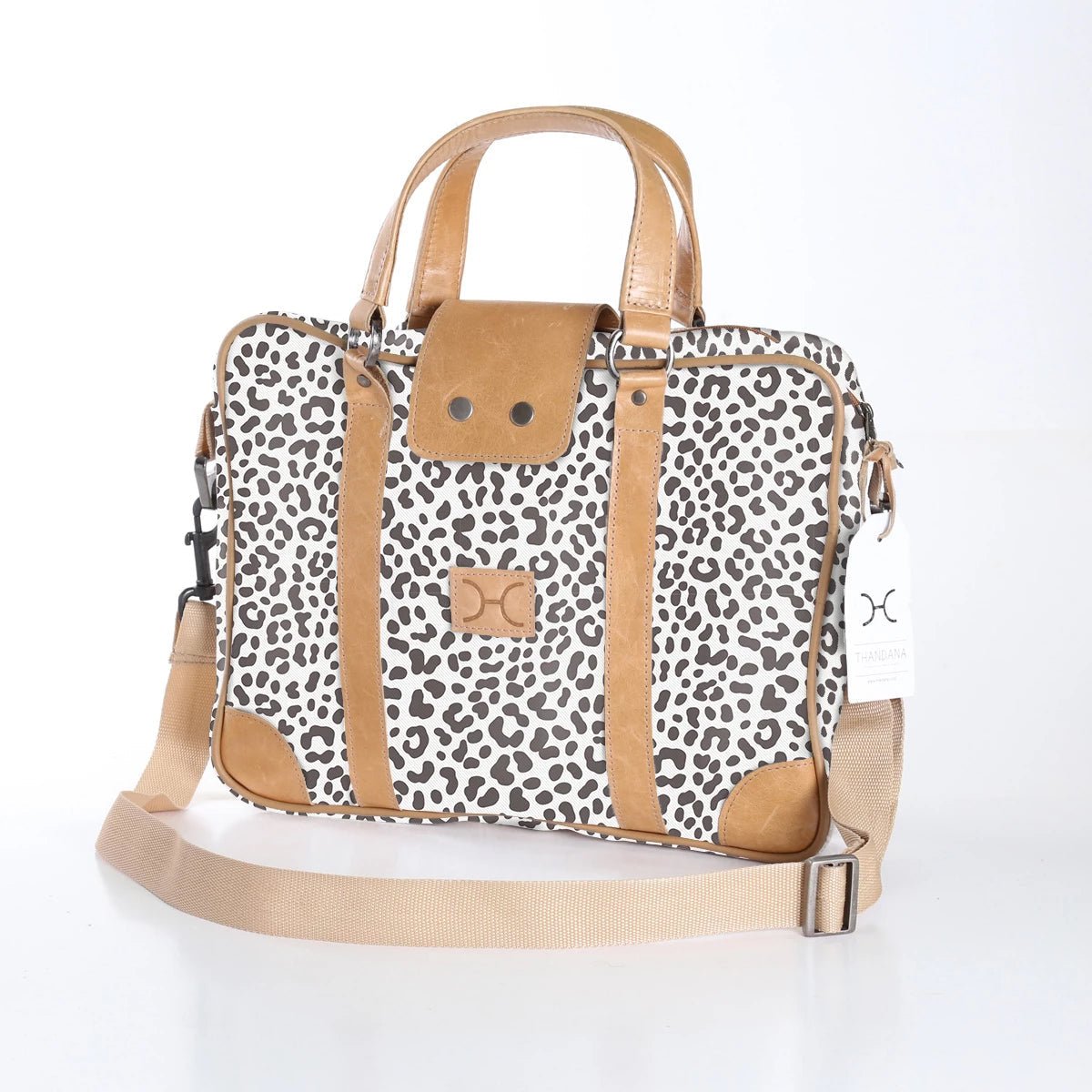 Laptop Bag 15’ | Laminated Fabric Cheetah - White / Chunky Zip Laptop Fabric Bag by Thandana
