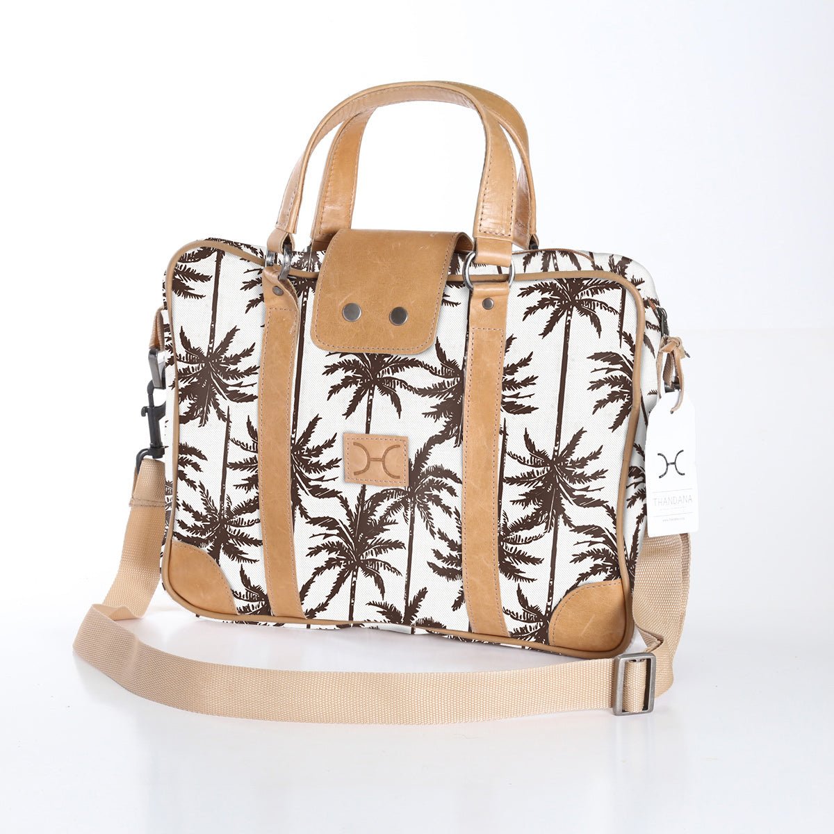 Laptop Bag 15’ | Laminated Fabric Palm - Neutral / Chunky Zip Laptop Fabric Bag by Thandana