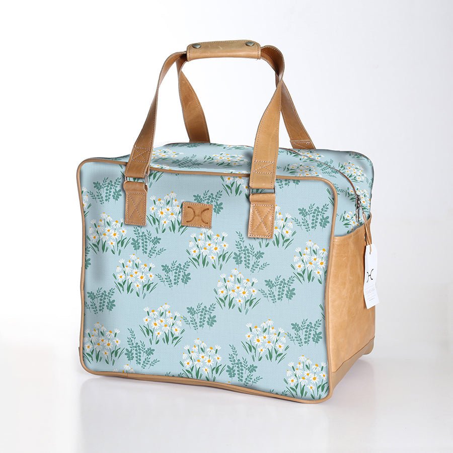 Large Weekender Luggage | Laminated Fabric with Genuine Leather Crazy Daisy - Sage / Chunky Zip Large Weekender Luggage