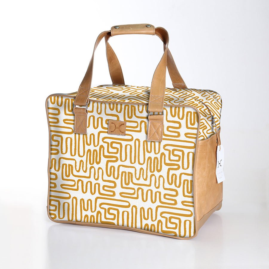 Large Weekender Luggage | Laminated Fabric with Genuine Leather Geo - Sand / Chunky Zip Large Weekender Luggage Bag