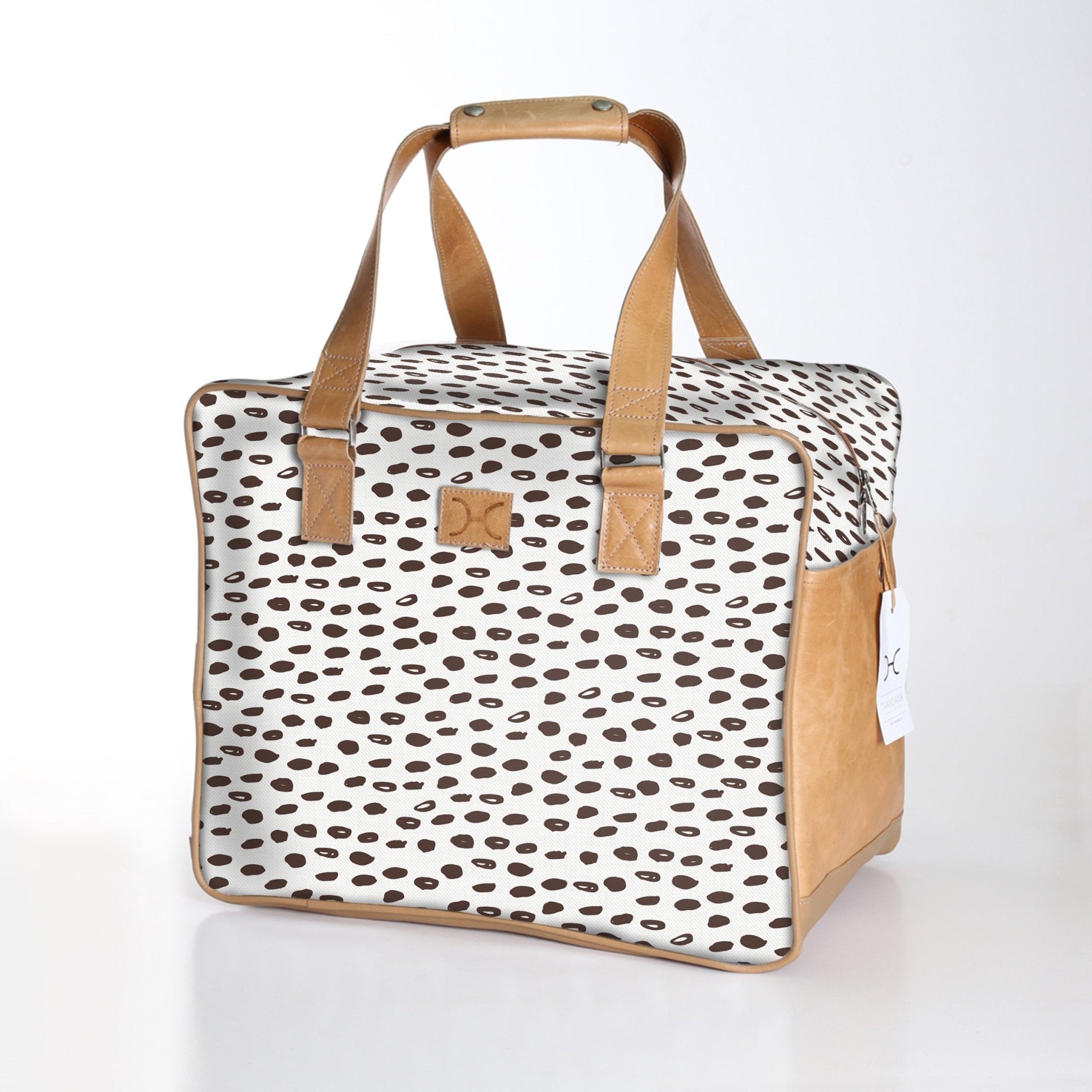 Large Weekender Luggage | Laminated Fabric with Genuine Leather Seeds - White / Chunky Zip Large Weekender Luggage Bag