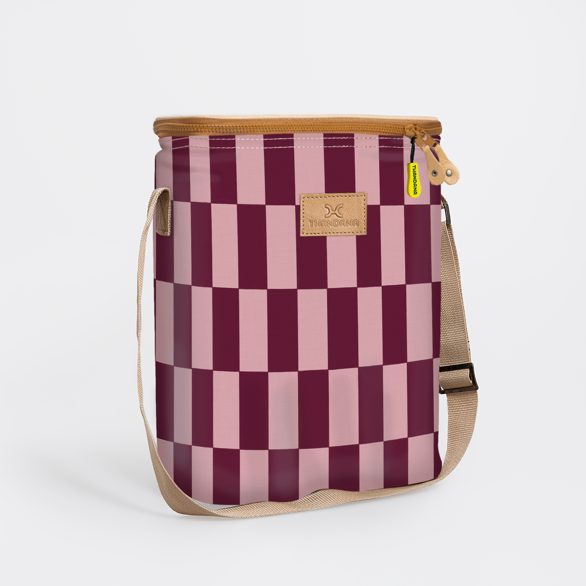 Long Tom Wine Cooler | Laminated Fabric Checkmate - Cherry / Chunky Zip Caddy Cooler by Thandana