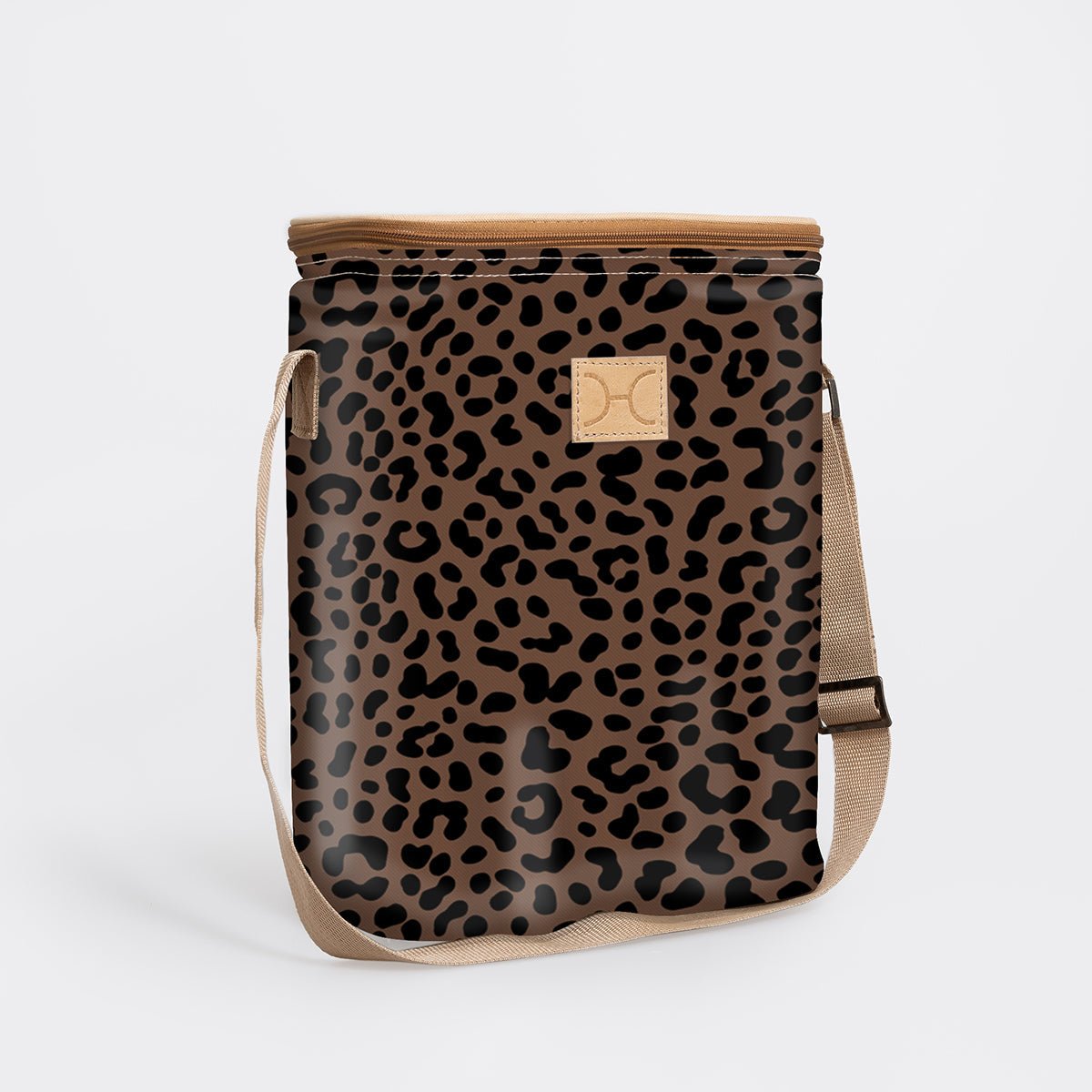 Long Tom Wine Cooler | Laminated Fabric Cheetah - Coffee / Chunky Zip Caddy Cooler by Thandana