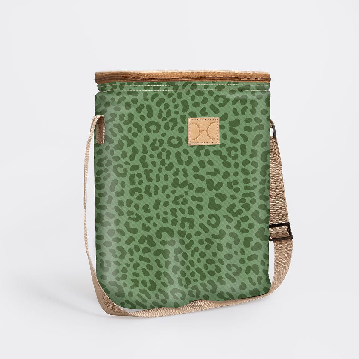 Long Tom Wine Cooler | Laminated Fabric Cheetah - Olive / Chunky Zip Caddy Cooler by Thandana