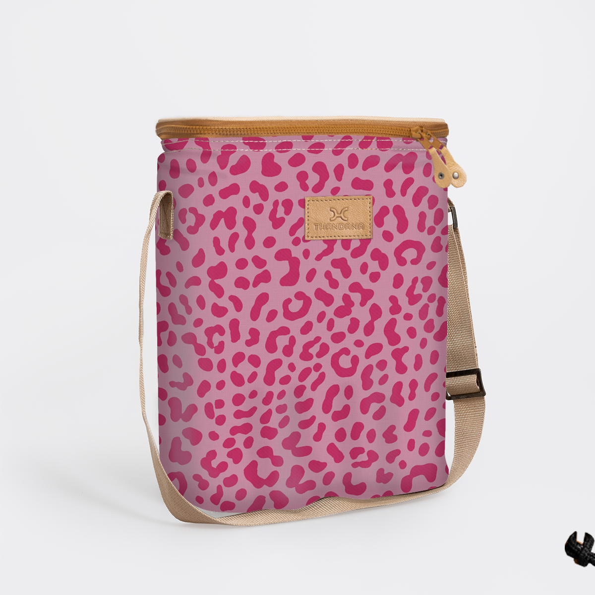 Long Tom Wine Cooler | Laminated Fabric Cheetah - Pink / Chunky Zip Caddy Cooler by Thandana