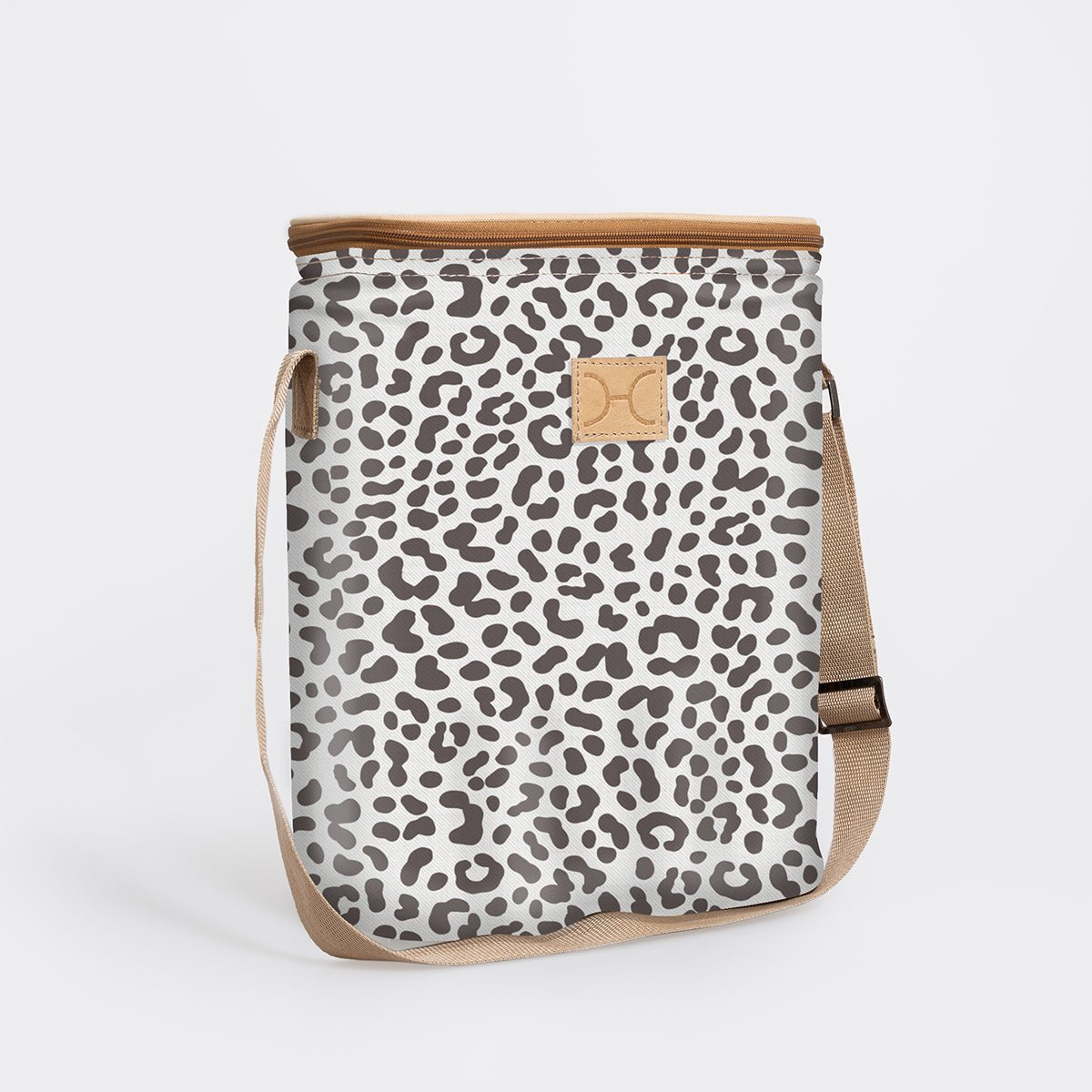 Long Tom Wine Cooler | Laminated Fabric Cheetah - White / Chunky Zip Caddy Cooler by Thandana
