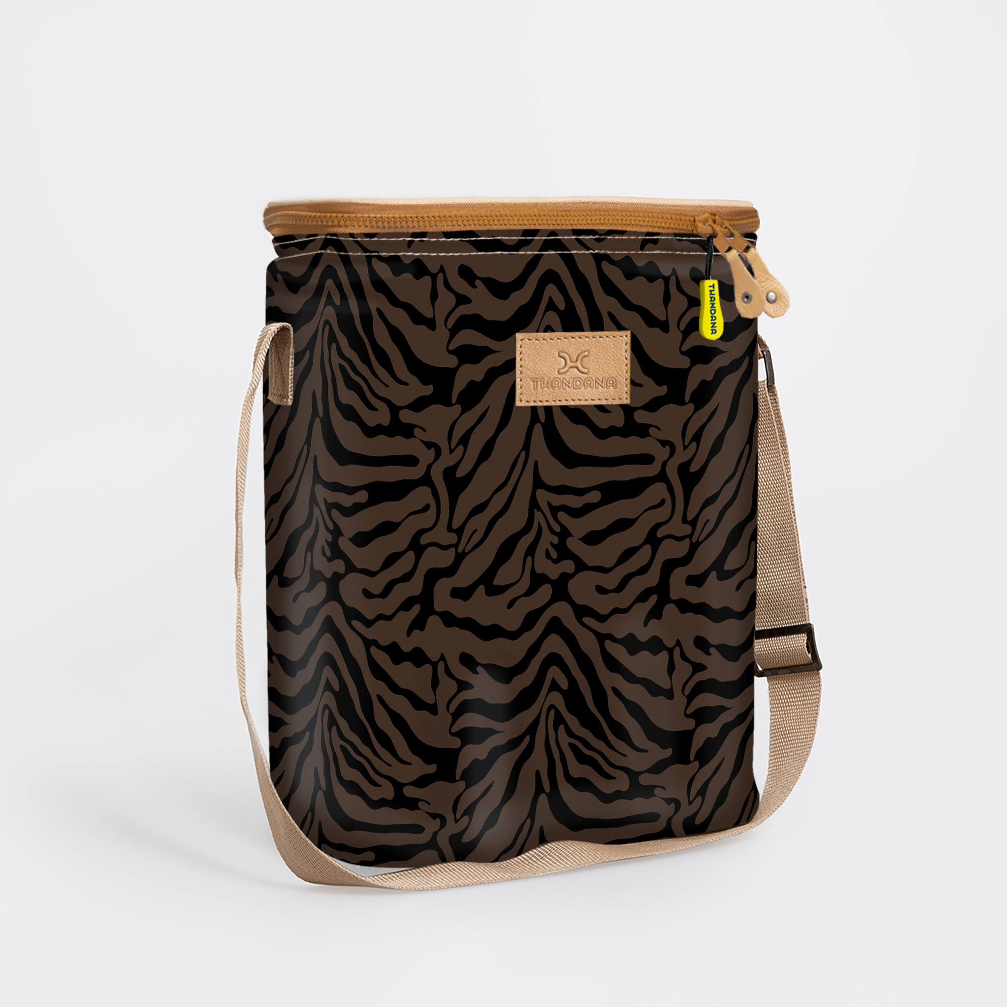 Long Tom Wine Cooler | Laminated Fabric Nomad Stripe - Coffee / Chunky Zip Caddy Cooler by Thandana