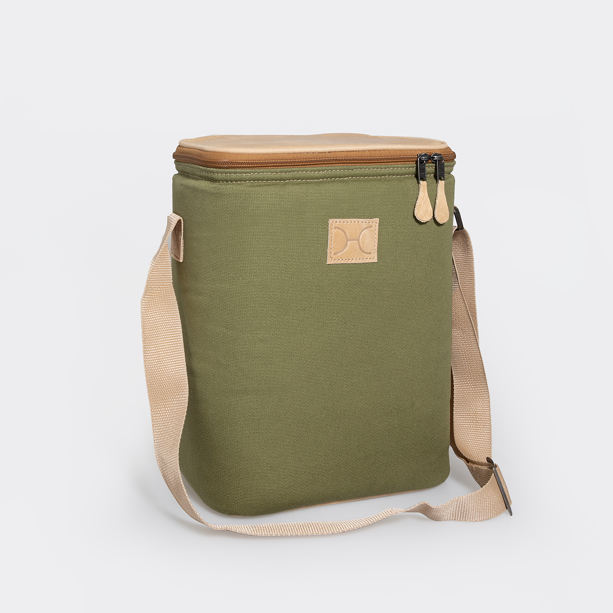 Long Tom Wine Cooler | Wax Canvas with Genuine Leather & Hard Inner Bin | Corporate Sage Canvas with Hazelnut Leather