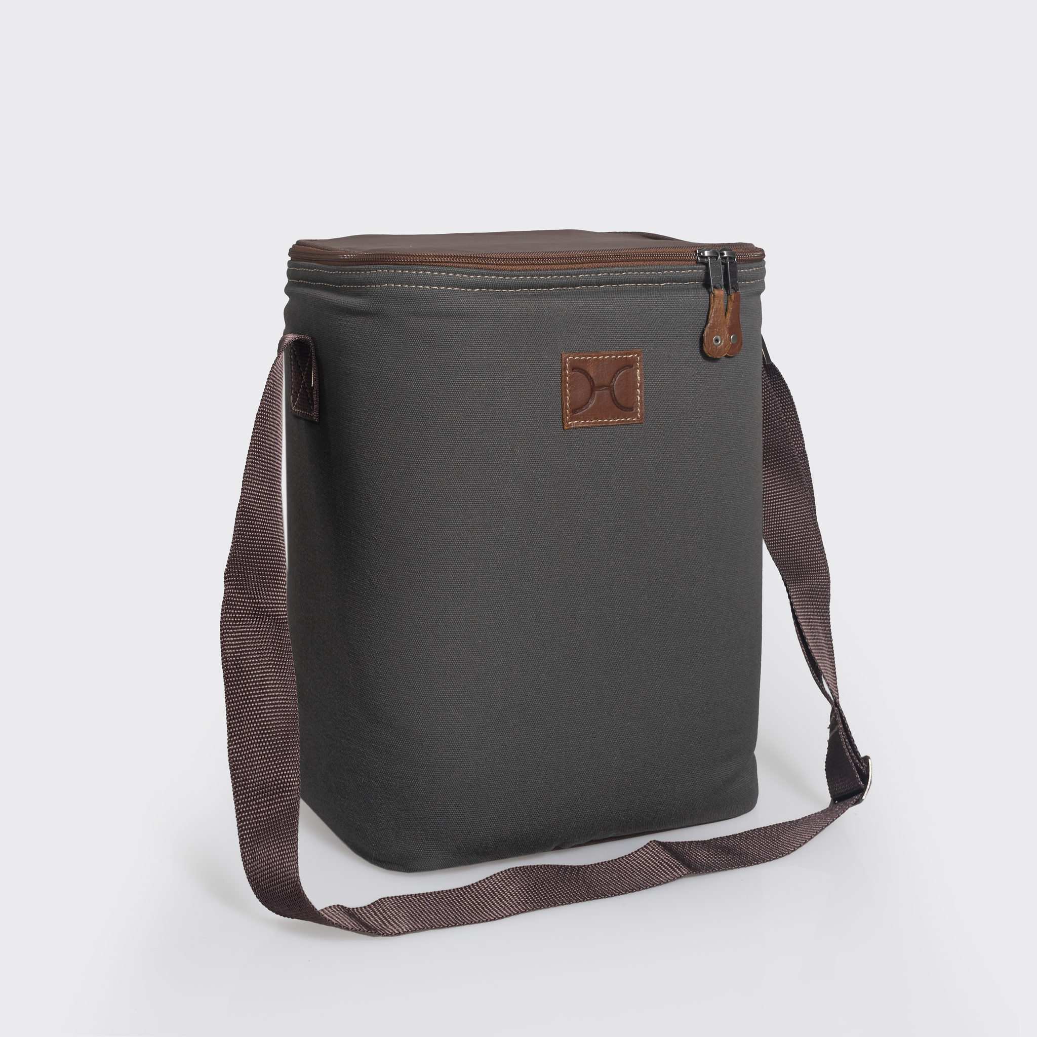 Long Tom Wine Cooler | Wax Canvas with Genuine Leather & Hard Inner Bin | Corporate Charcoal Canvas with Tobac Leather