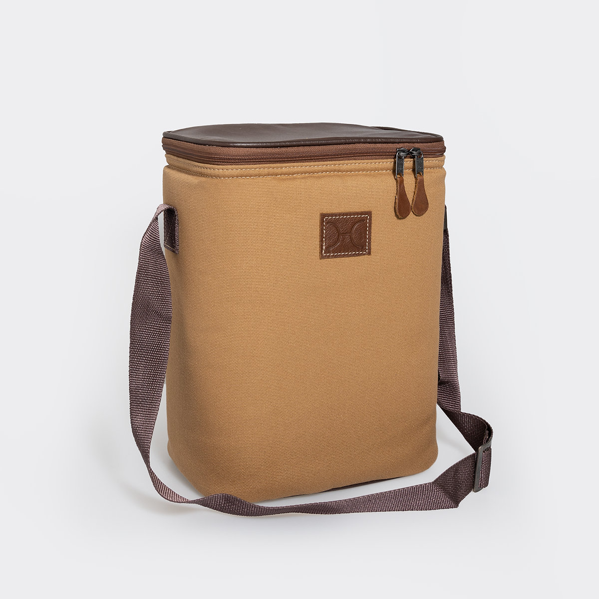 Long Tom Wine Cooler | Wax Canvas with Genuine Leather & Hard Inner Bin | Corporate Camel Canvas with Tobac Leather