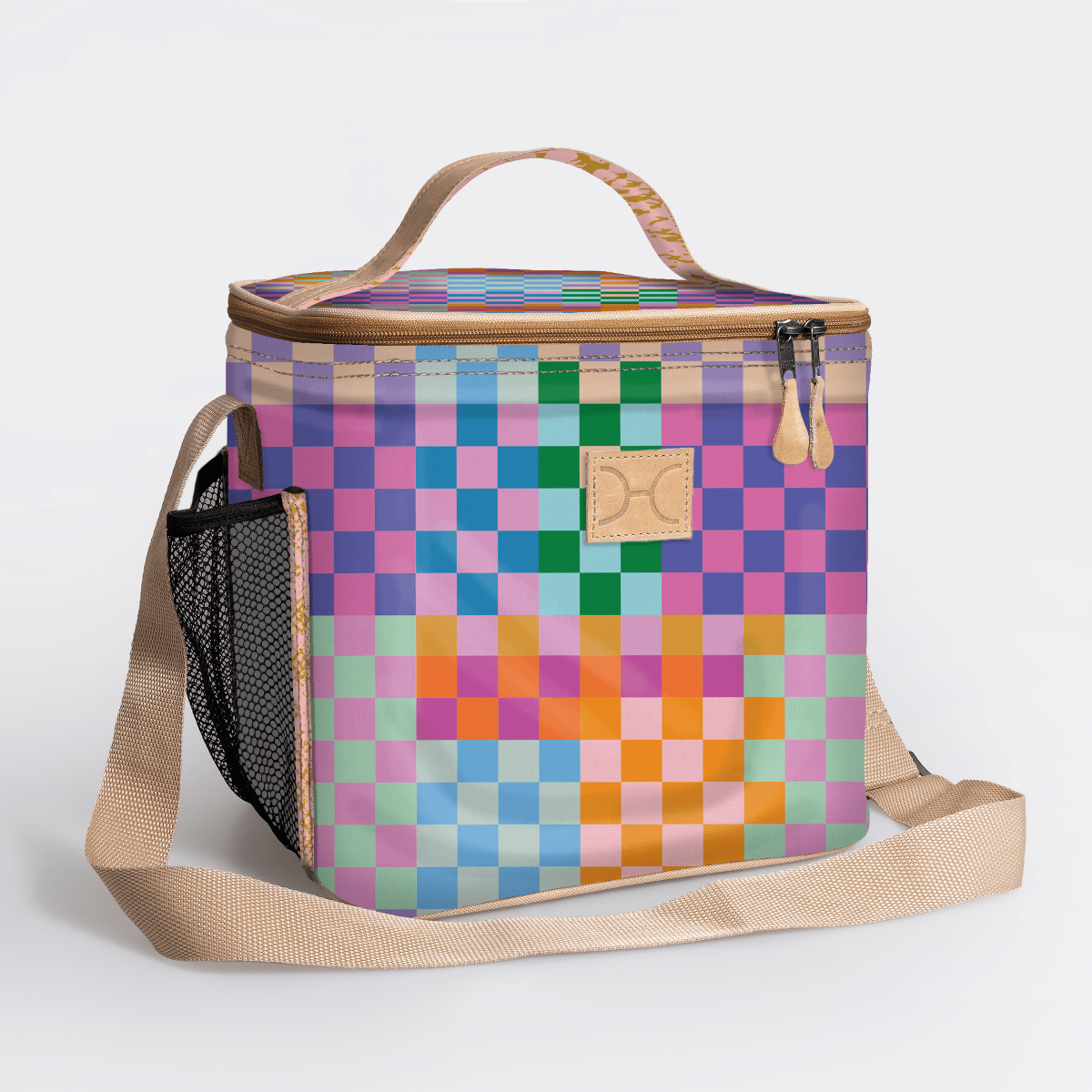 Lunch Box Cooler | Laminated Fabric with Genuine Leather Checker - Preppy / Chunky Zip Caddy Cooler by Thandana