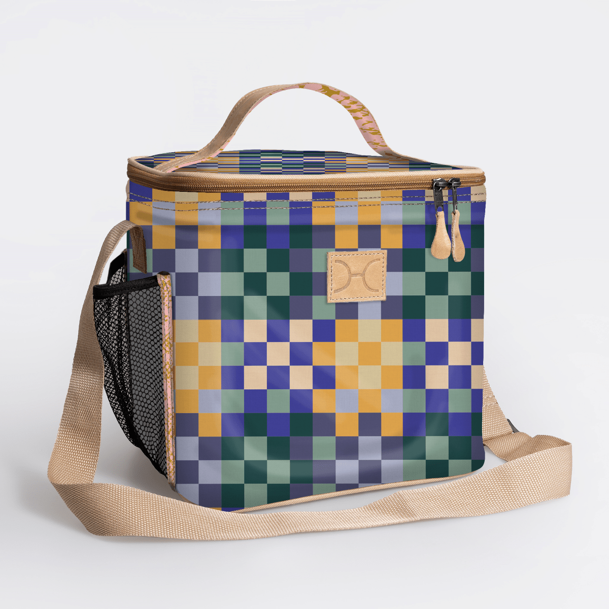 Lunch Box Cooler | Laminated Fabric with Genuine Leather Checker - Jet / Chunky Zip Caddy Cooler by Thandana