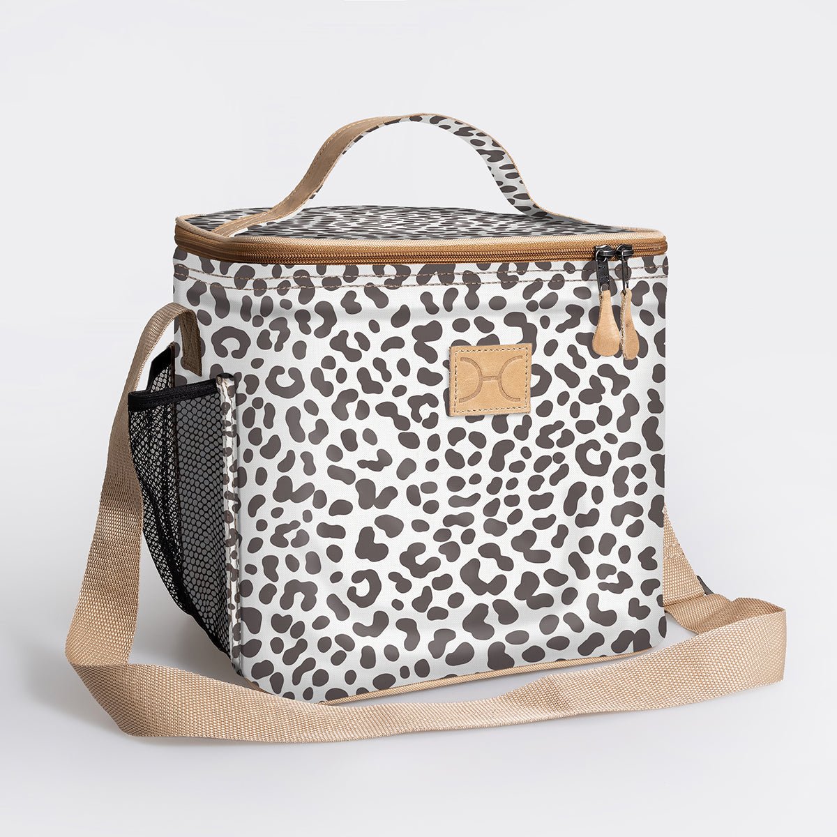 Lunch Box Cooler | Laminated Fabric with Genuine Leather Cheetah - White / Chunky Zip Caddy Cooler by Thandana