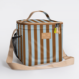 Lunch Box Cooler | Laminated Fabric with Genuine Leather Coastal Stripe - Blue / Chunky Zip Caddy Cooler by Thandana