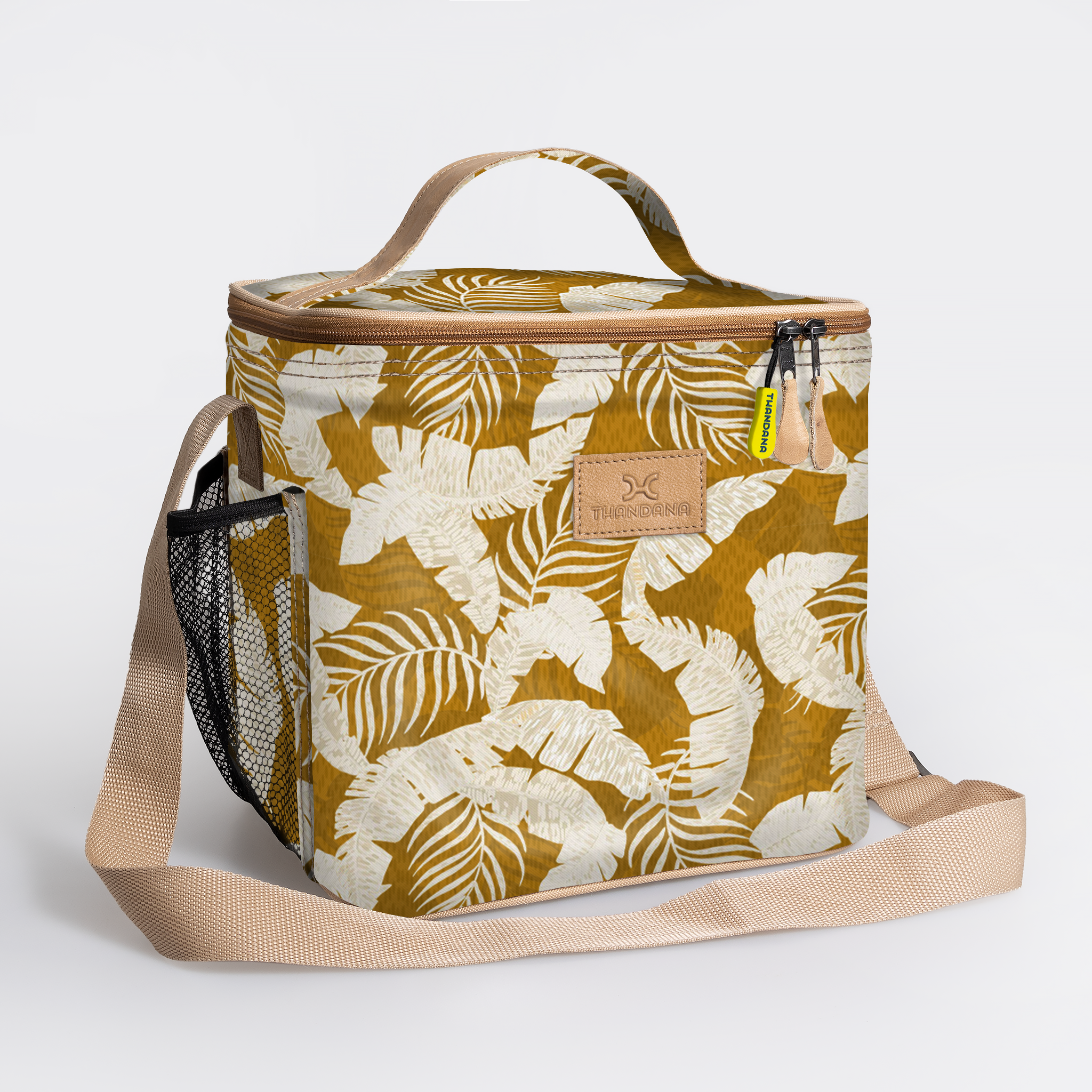 Lunch Box Cooler | Laminated Fabric with Genuine Leather Fauna - Earth / Chunky Zip Caddy Cooler by Thandana