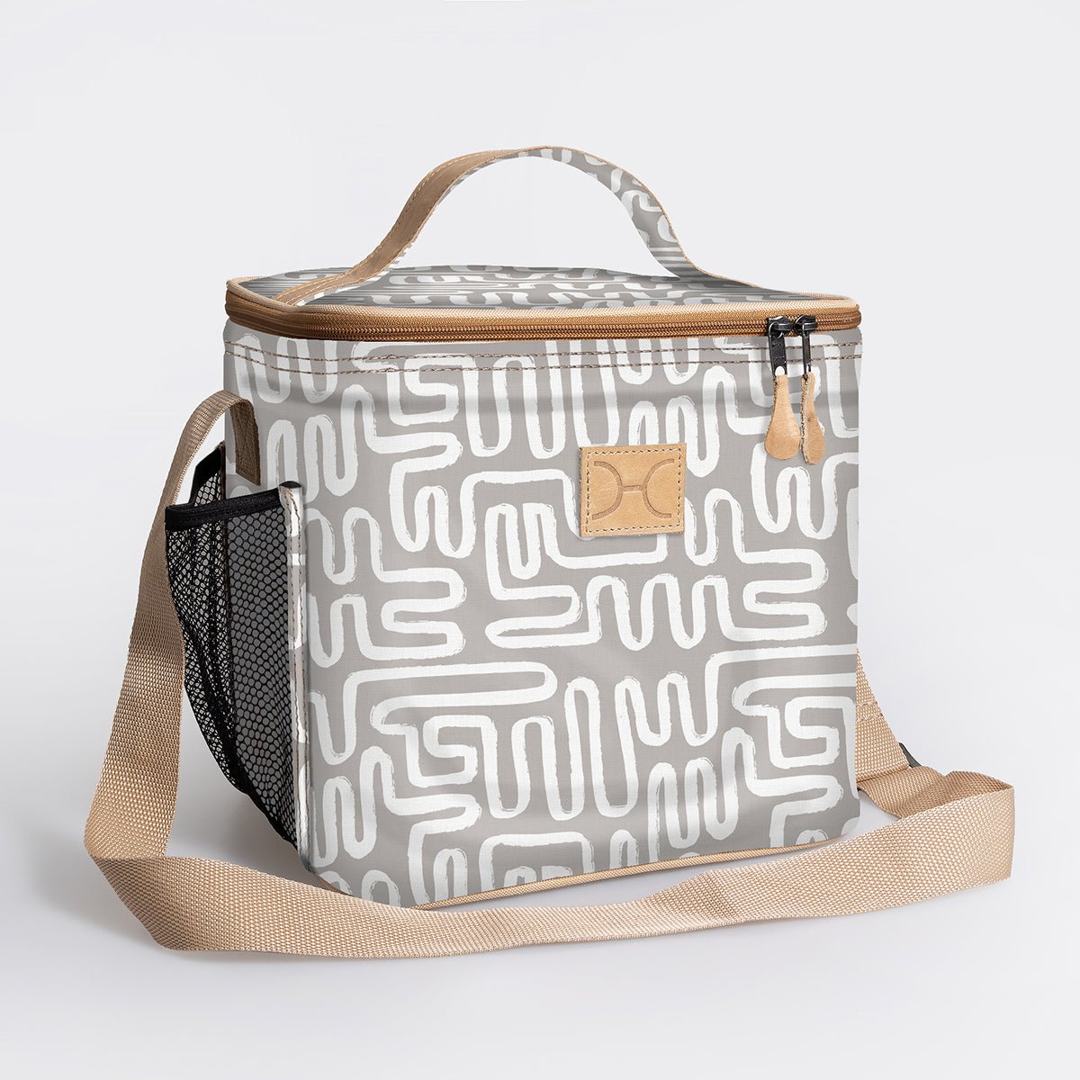 Lunch Box Cooler | Laminated Fabric with Genuine Leather Geo - Moonstruck / Chunky Zip Caddy Cooler by Thandana