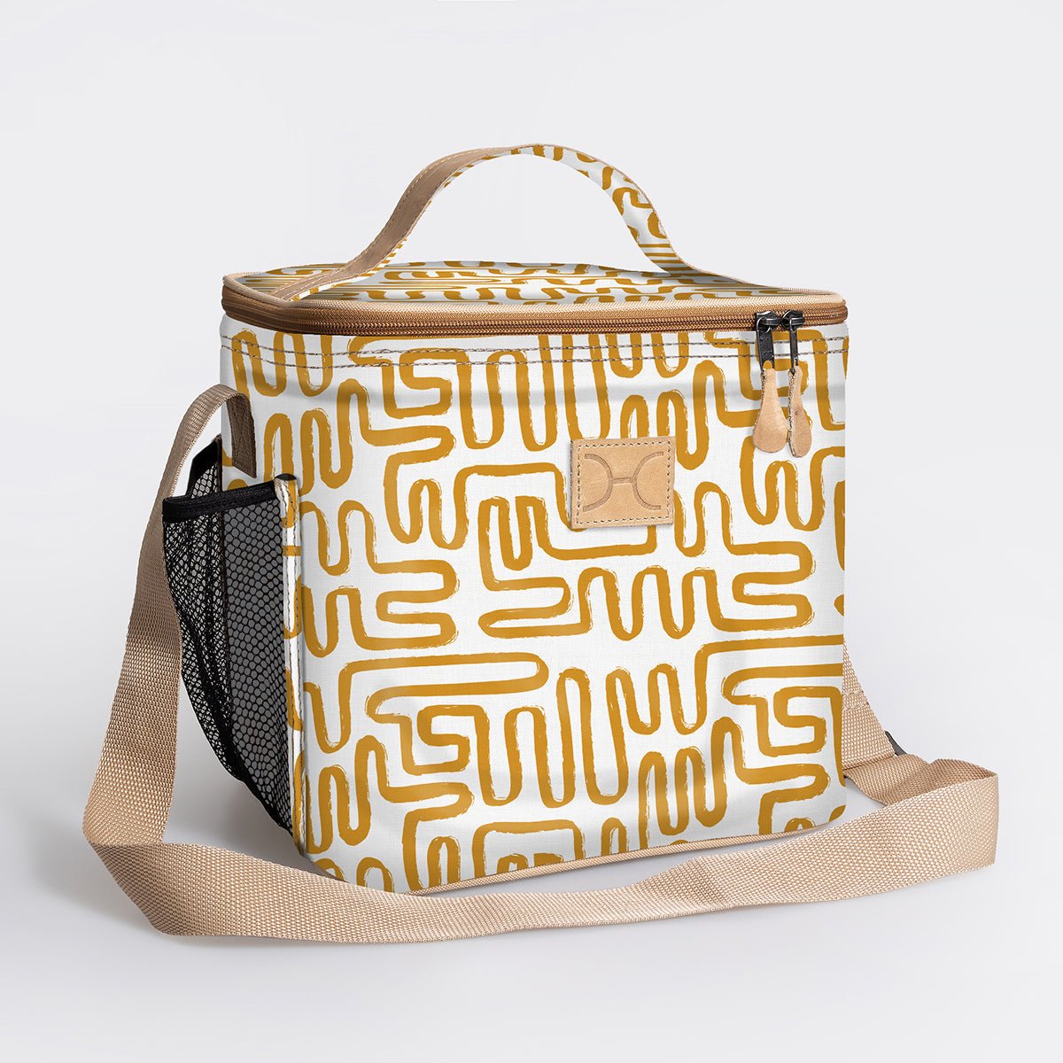 Lunch Box Cooler | Laminated Fabric with Genuine Leather Geo - Sand / Chunky Zip Caddy Cooler by Thandana