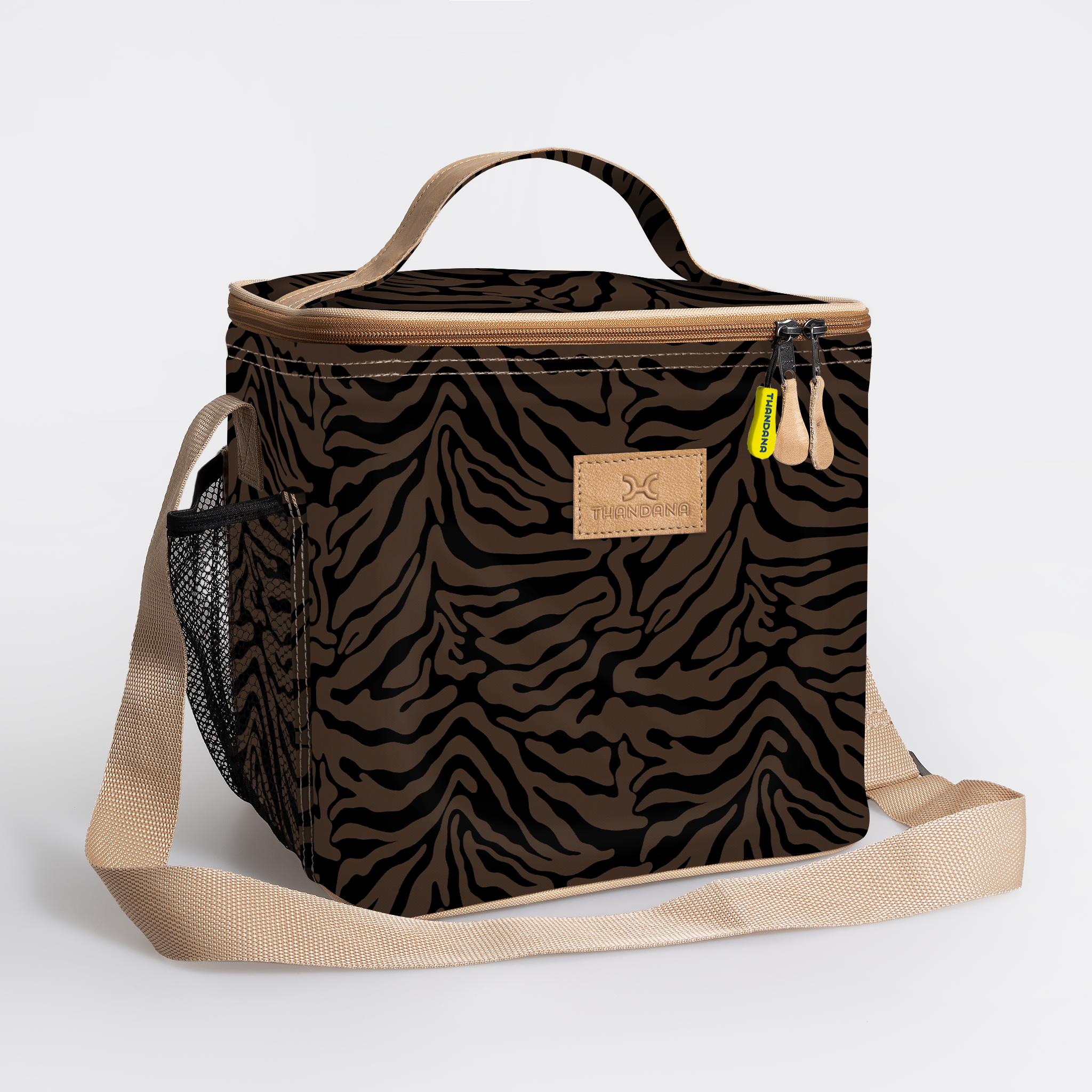 Lunch Box Cooler | Laminated Fabric with Genuine Leather Nomad Stripe - Coffee / Chunky Zip Caddy Cooler by Thandana