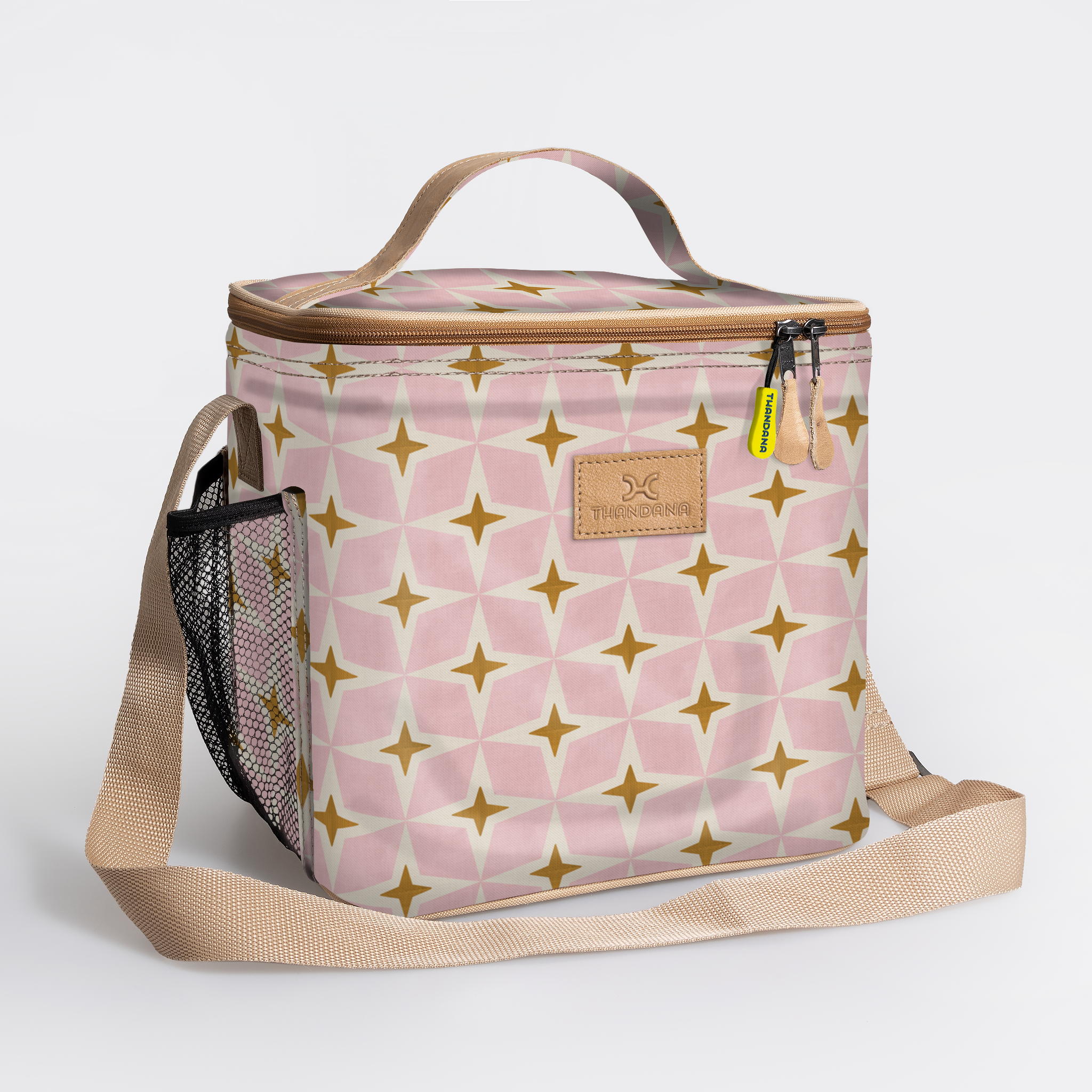 Lunch Box Cooler | Laminated Fabric with Genuine Leather Nova - Blush / Chunky Zip Caddy Cooler by Thandana