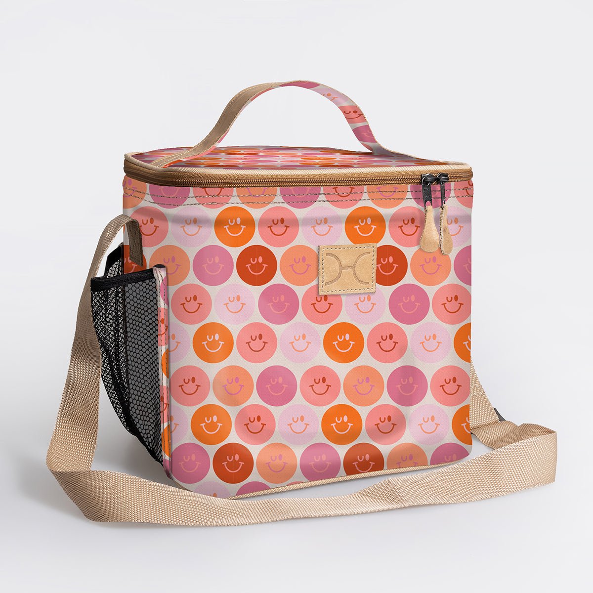 Lunch Box Cooler | Laminated Fabric with Genuine Leather Smiley - Blush / Chunky Zip Caddy Cooler by Thandana