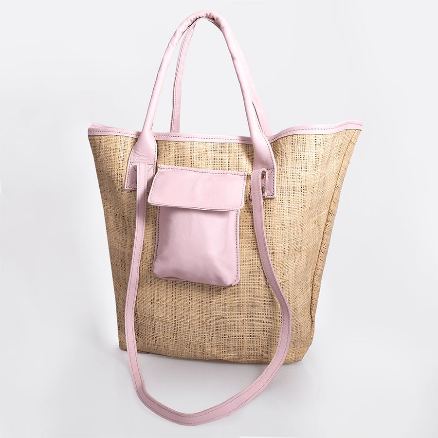 Maia Bag | Raffia Weave with Genuine Leather Blush Leather Handbag by Thandana