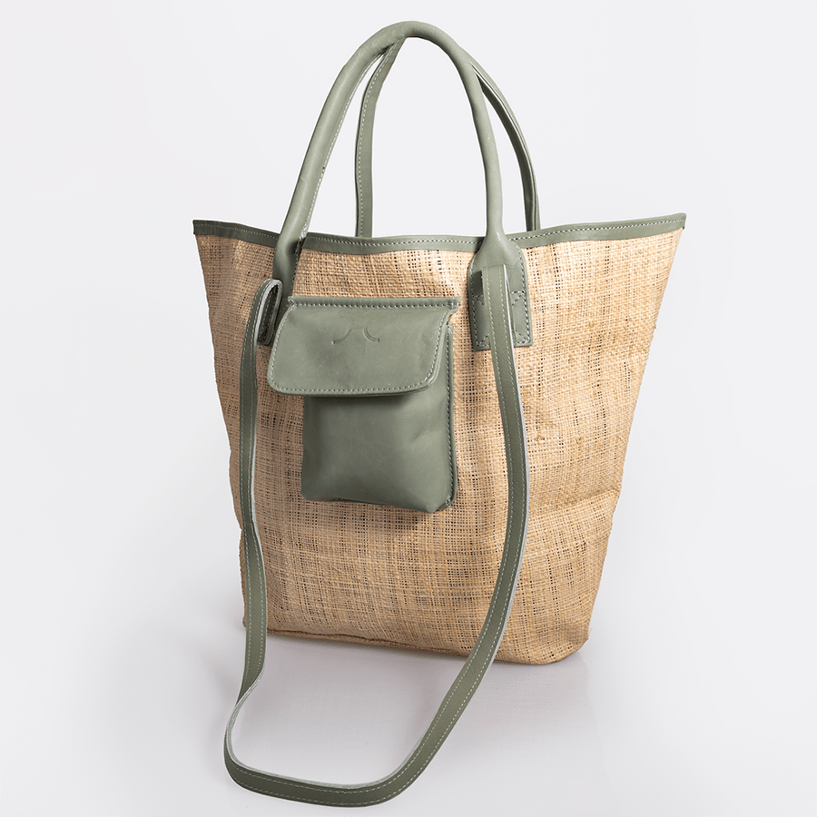 Maia Bag | Raffia Weave with Genuine Leather Green Leather Handbag by Thandana