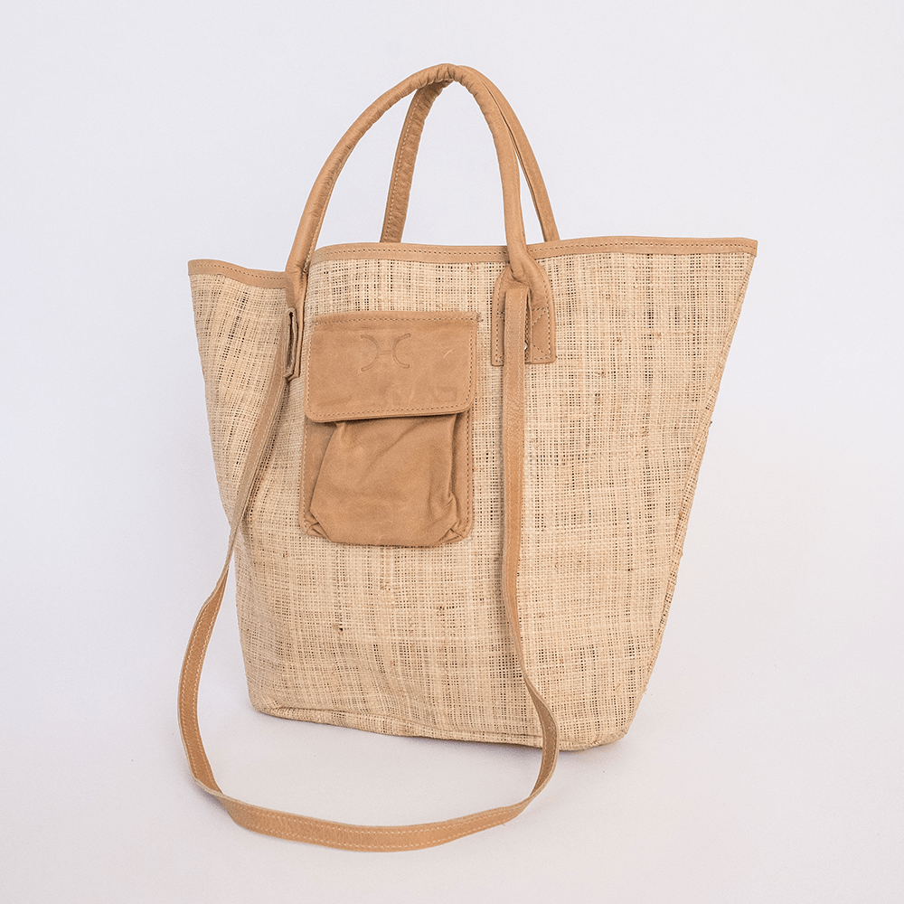 Maia Bag | Raffia Weave with Genuine Leather Hazelnut Leather Handbag by Thandana
