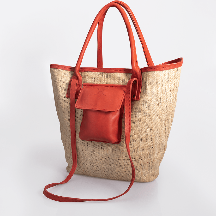 Maia Bag | Raffia Weave with Genuine Leather Red Leather Handbag by Thandana