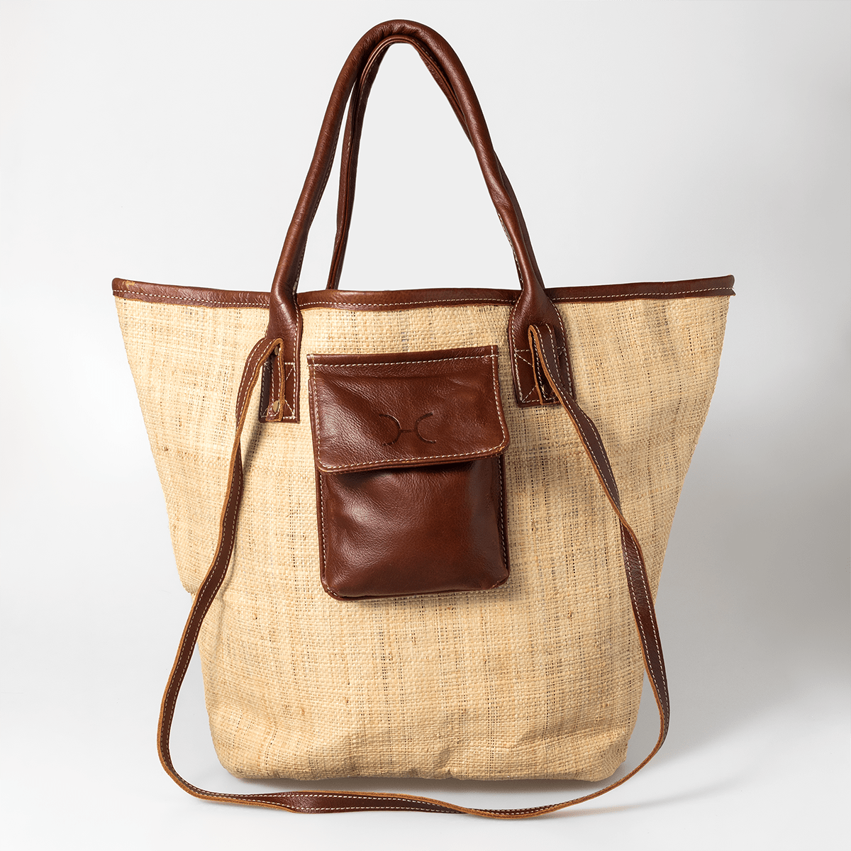 Maia Bag | Raffia Weave with Genuine Leather Tobac Leather Handbag by Thandana