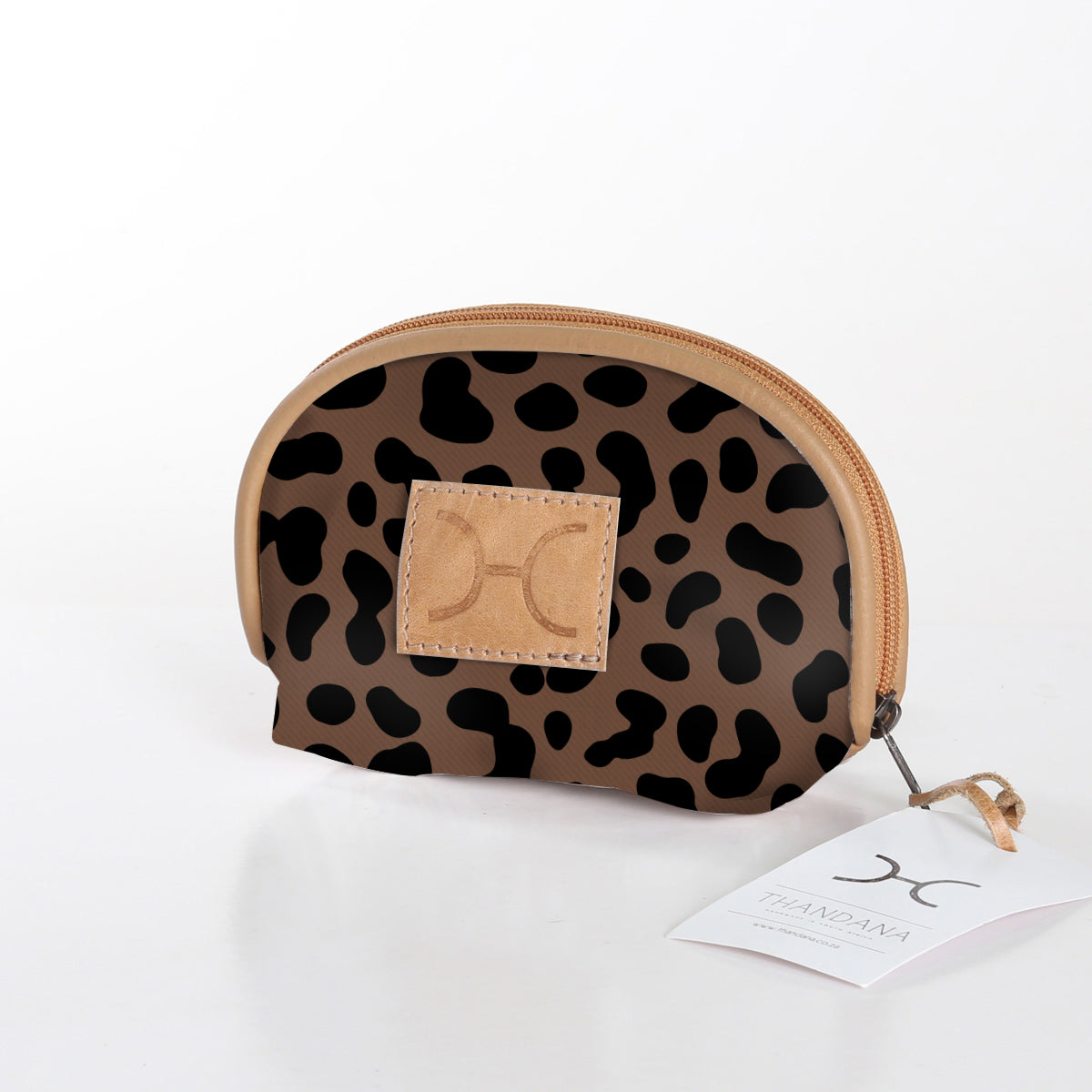Makeup Bag | Laminated Fabric Cheetah - Coffee / Chunky Zip Make Up Fabric Bag by Thandana