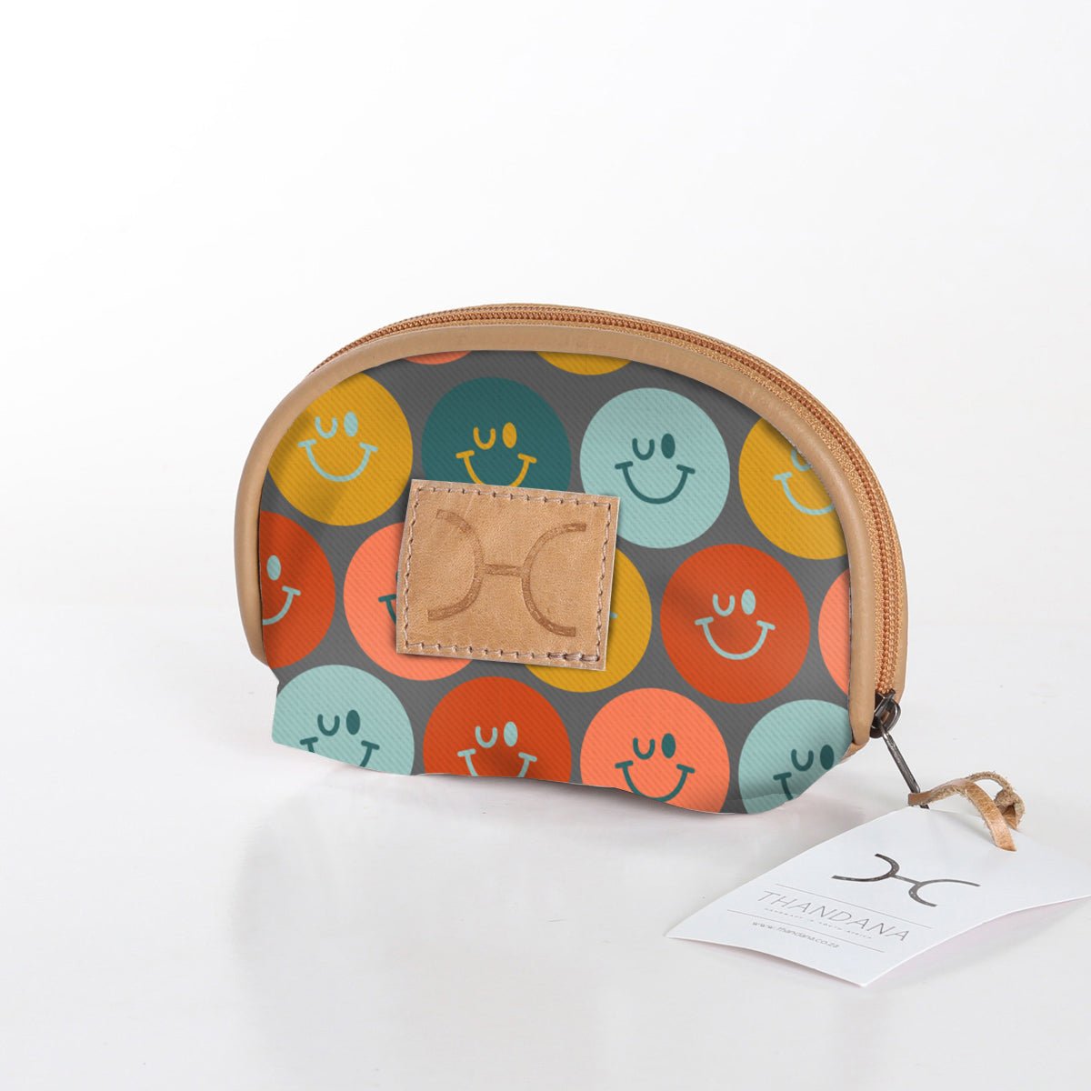 Makeup Bag | Laminated Fabric Smiley - Jet / Chunky Zip Make Up Fabric Bag by Thandana