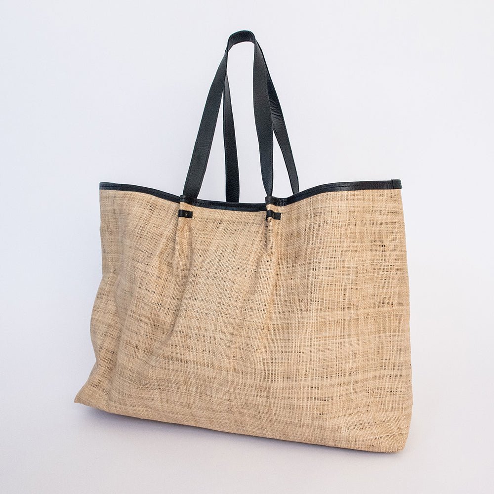 Megan Bag | Raffia Weave with Genuine Leather Black Leather Handbag by Thandana