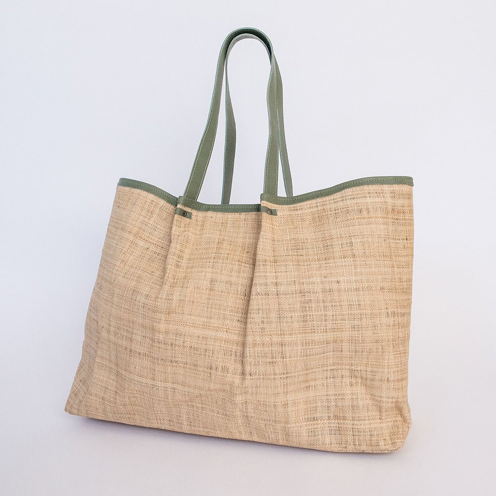 Megan Bag | Raffia Weave with Genuine Leather Green Leather Handbag by Thandana