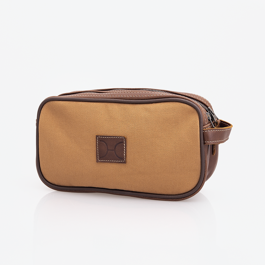 Men’s Double Zip Vanity | Wax Canvas with Genuine Leather | Corporate Camel Canvas with Tobac Leather / Gunmetal