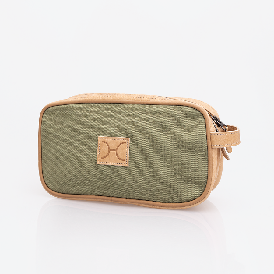 Men’s Double Zip Vanity | Wax Canvas with Genuine Leather | Corporate Sage Canvas with Hazelnut Leather / Gunmetal