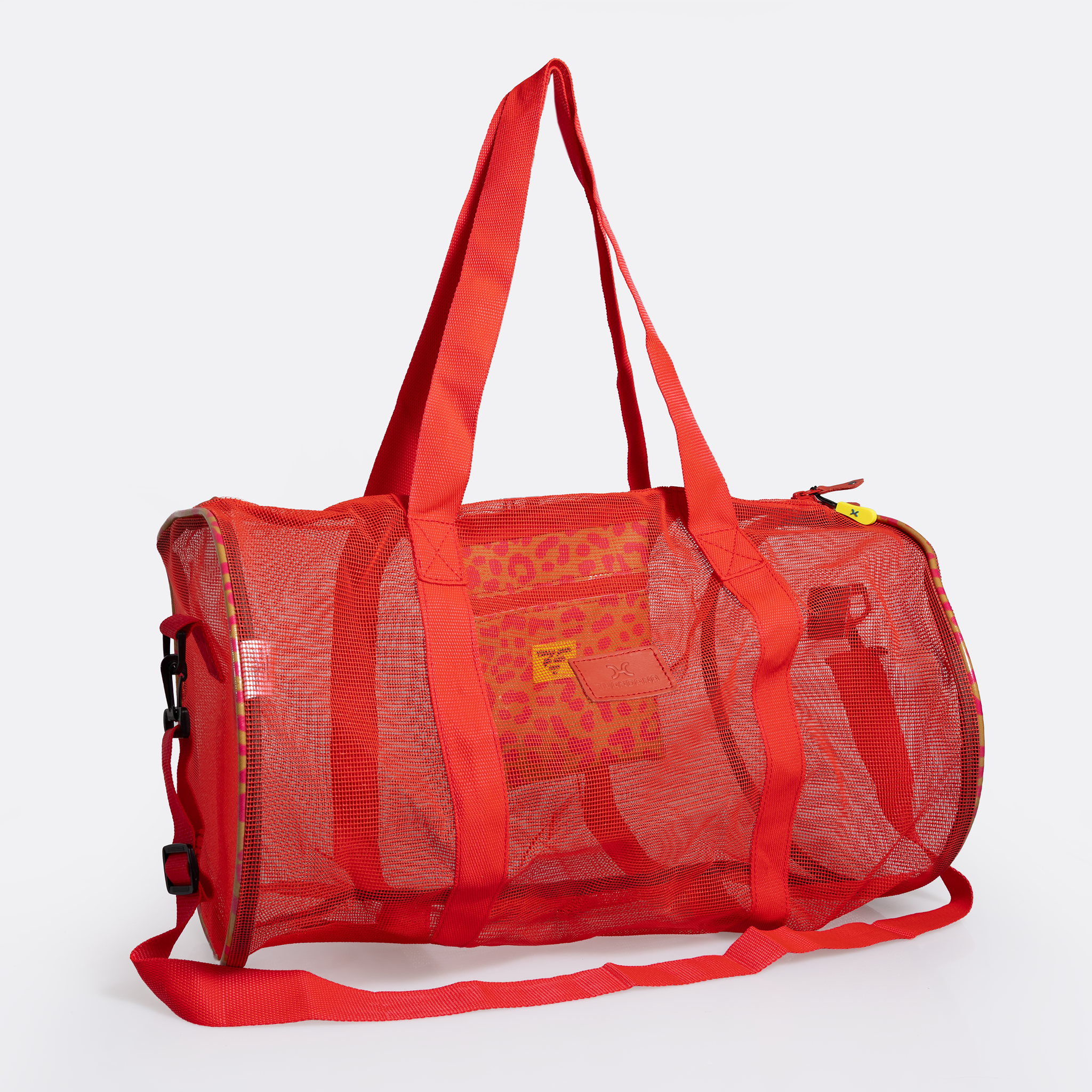 Meshie Duffel Bag | Mixed Colours Red - Cheetah - Preppy Utility Shopper Bag by Thandana