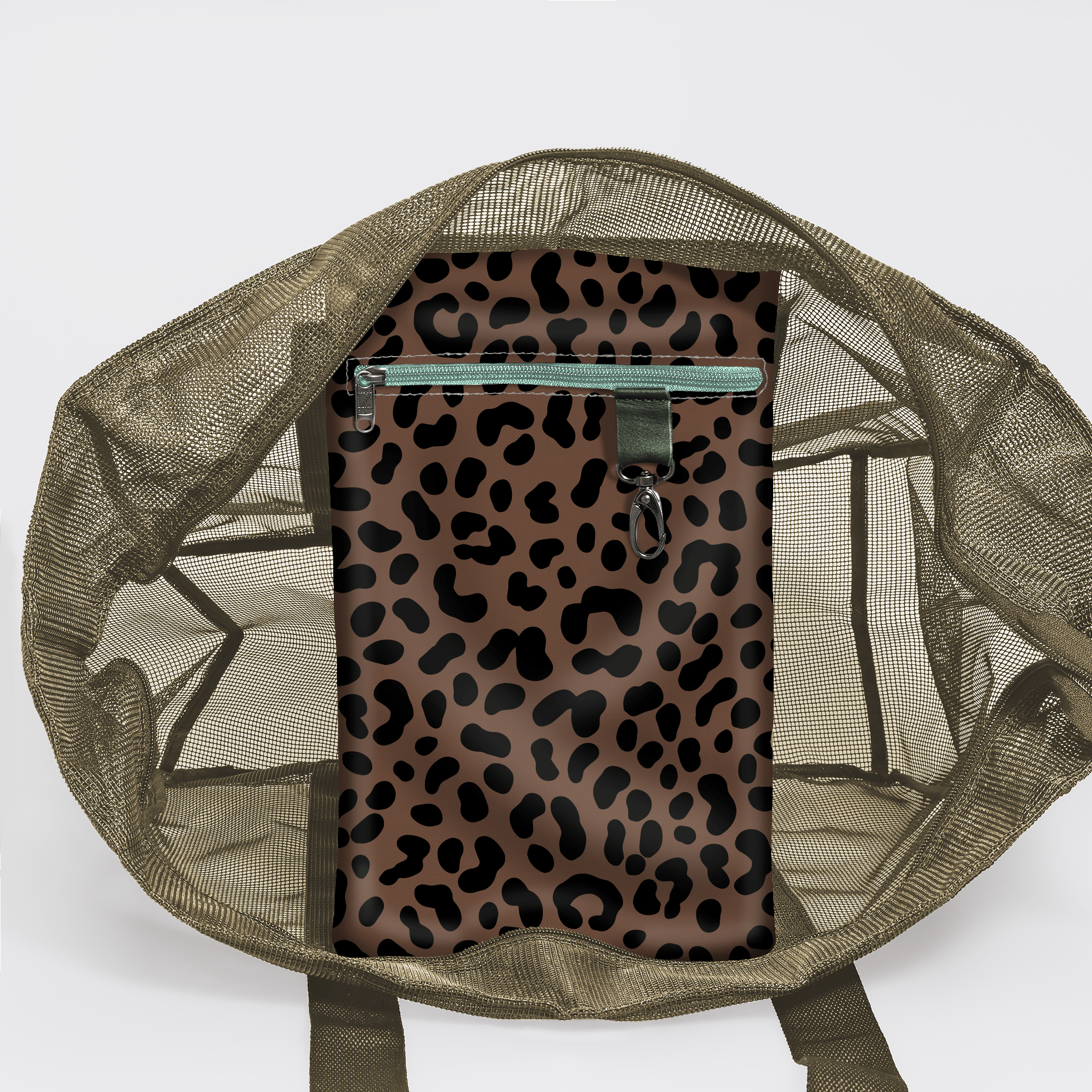 Meshie Jumbo Beach Bag | Olive Cheetah - Coffee Utility Shopper Bag by Thandana