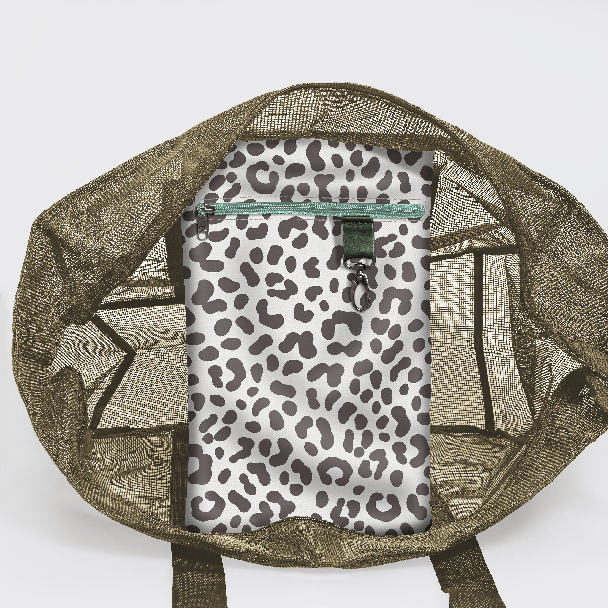 Meshie Jumbo Beach Bag | Olive Cheetah - White Utility Shopper Bag by Thandana