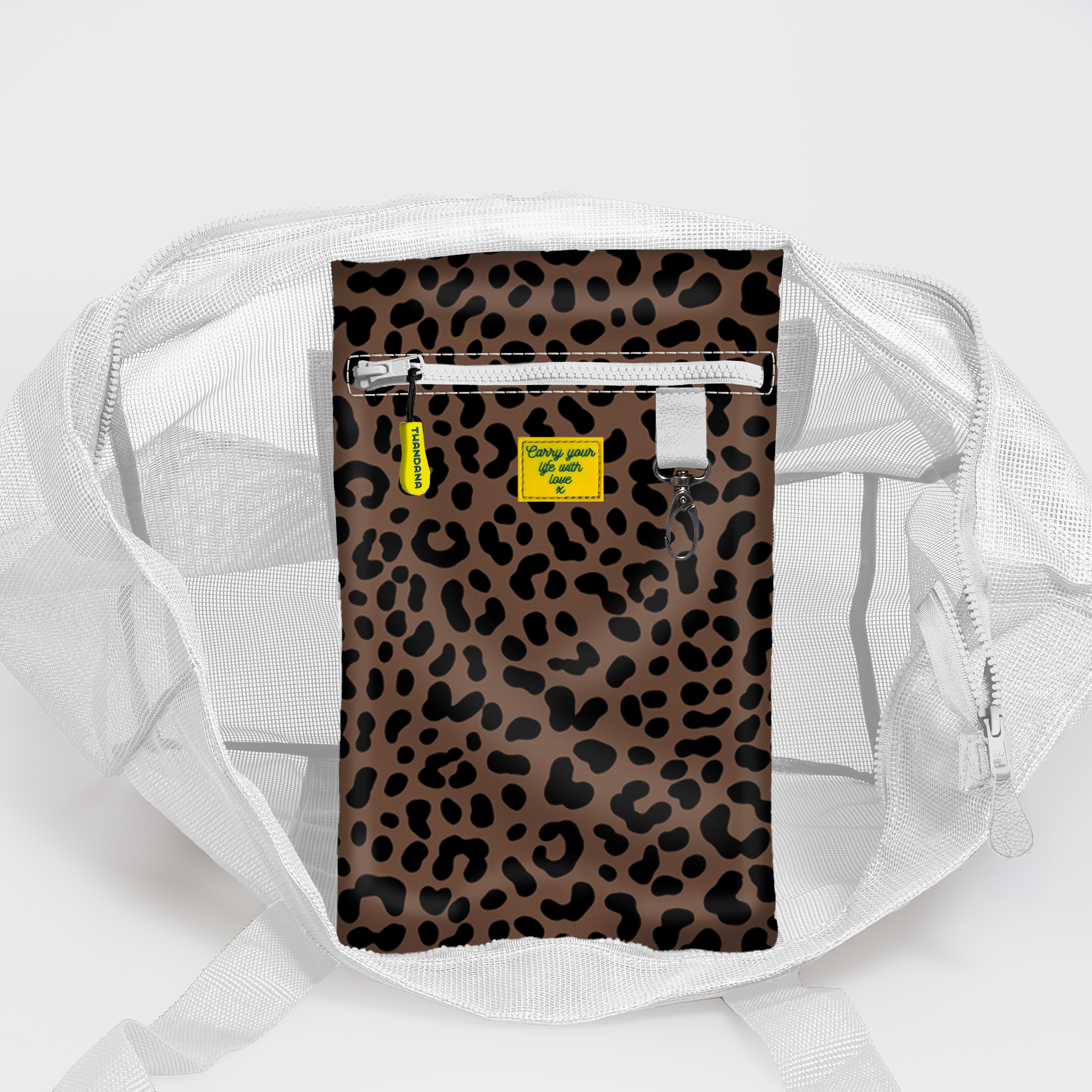 Meshie Jumbo Beach Bag | White Cheetah - Coffee Utility Shopper Bag by Thandana