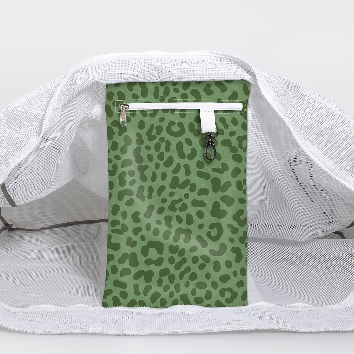Meshie Jumbo Beach Bag | White Cheetah - Olive Utility Shopper Bag by Thandana
