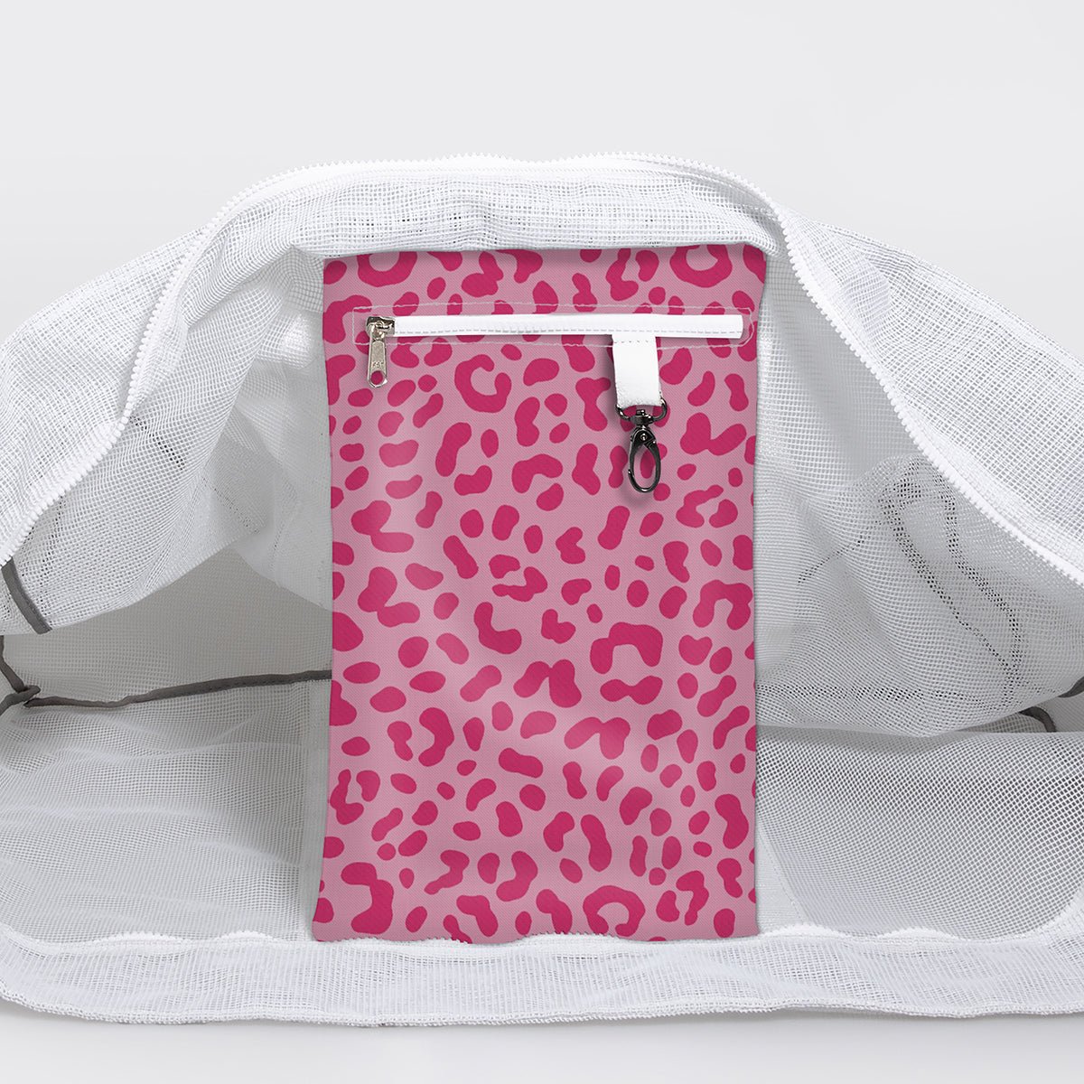 Meshie Jumbo Beach Bag | White Cheetah - Pink Utility Shopper Bag by Thandana